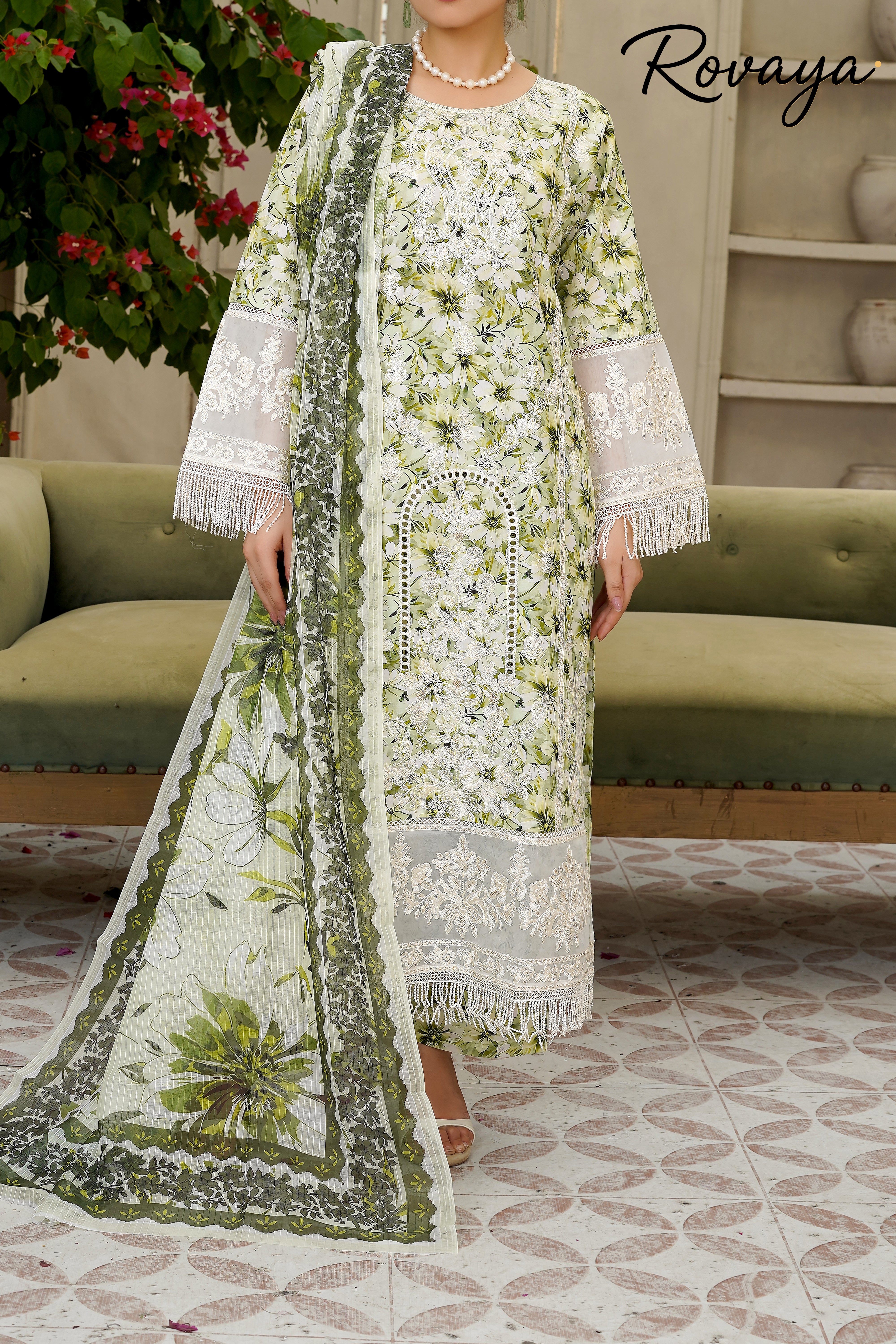 White Embroidered Suit with Green Floral Work | 3-Piece