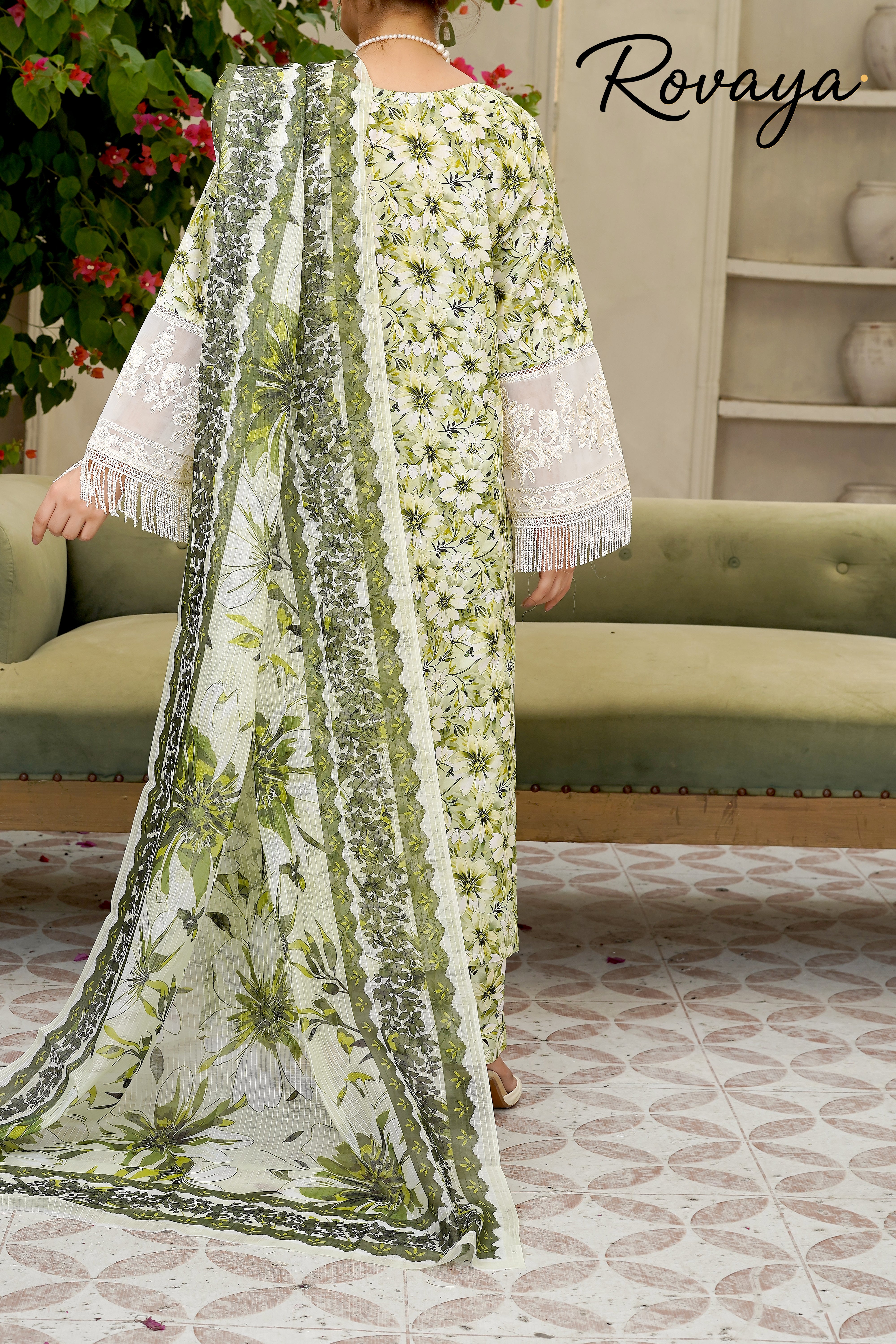 White Embroidered Suit with Green Floral Work | 3-Piece