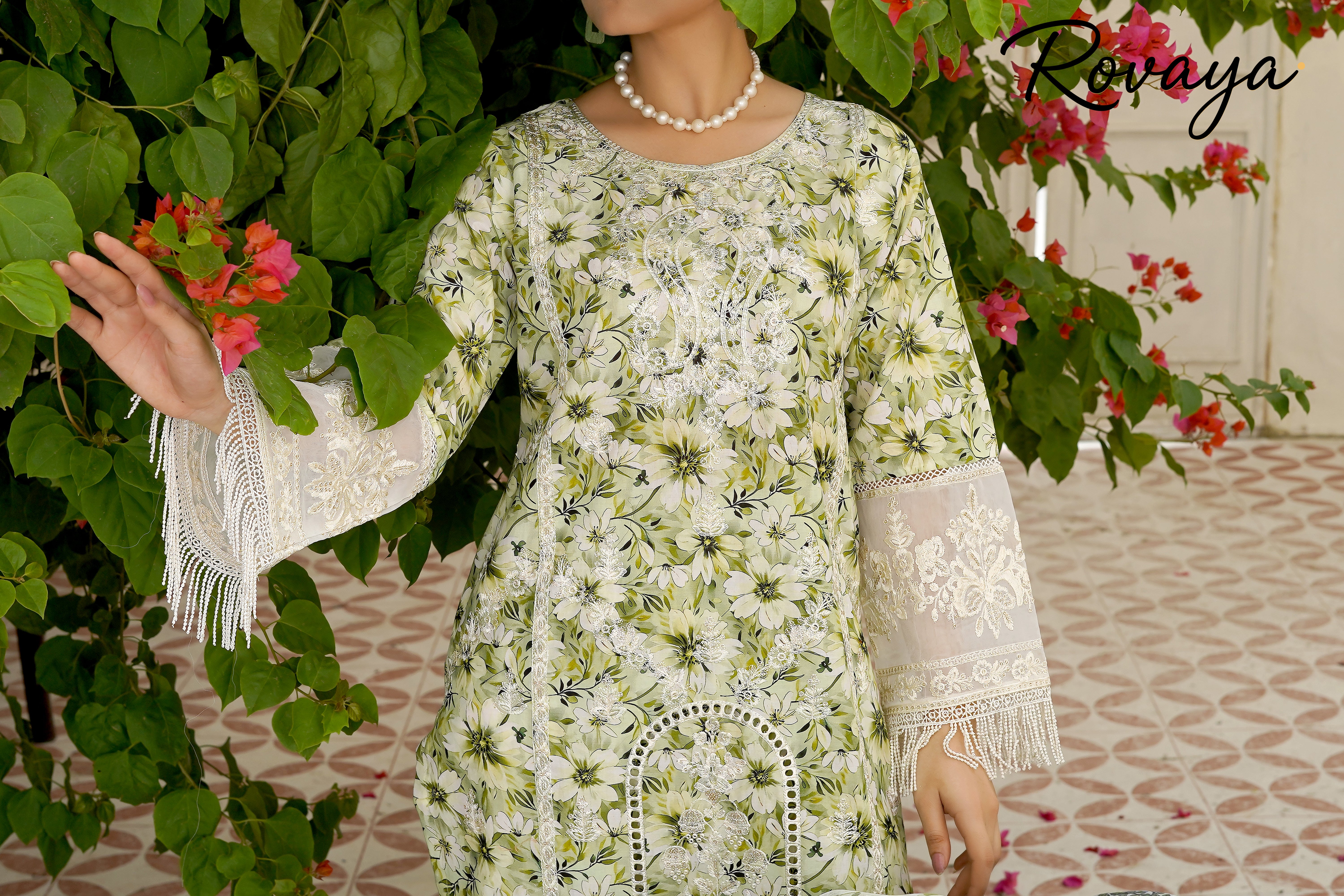 White Embroidered Suit with Green Floral Work | 3-Piece
