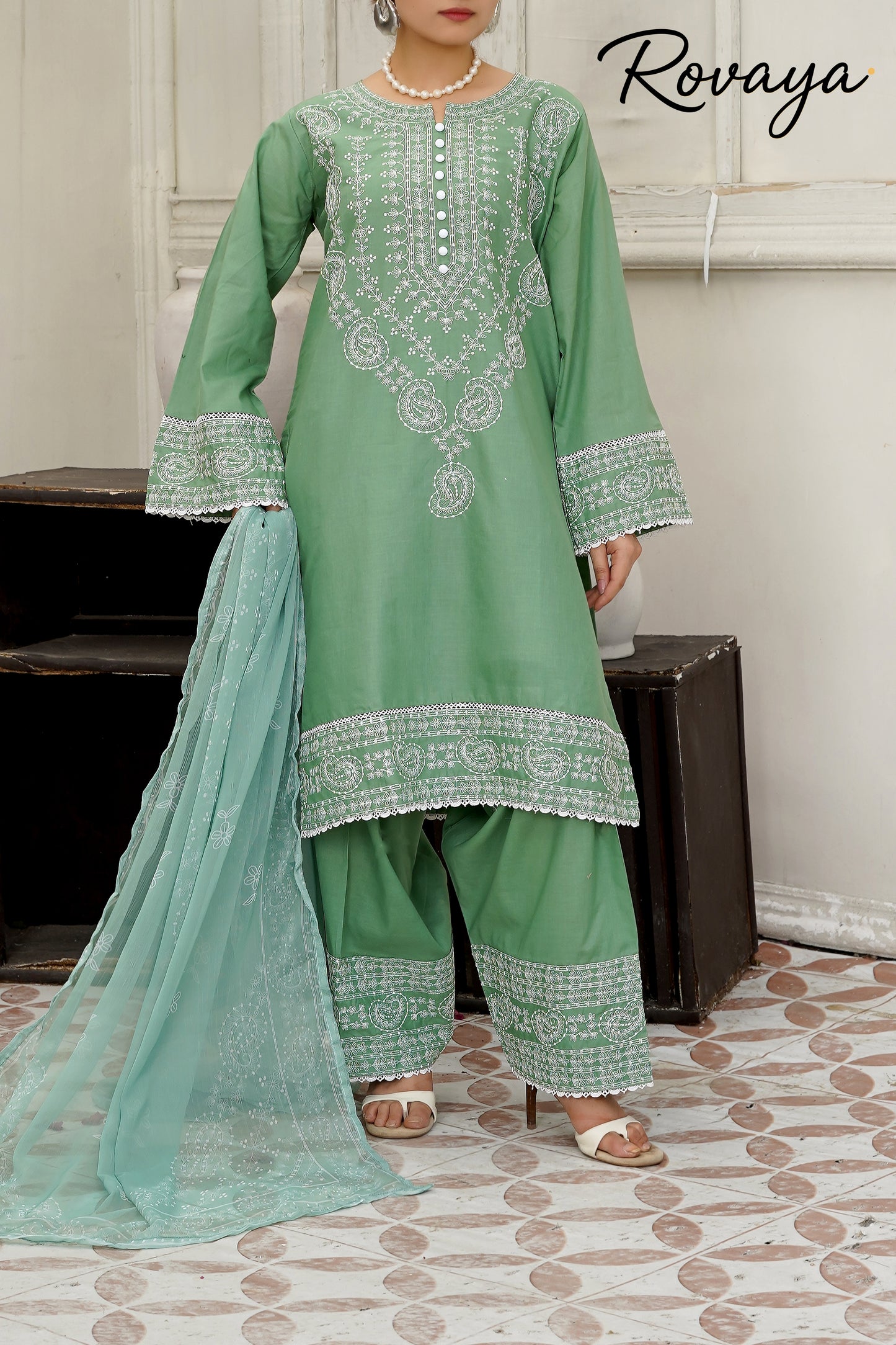 Sage Serenity – White Embroidered Cotton Shalwar Kameez