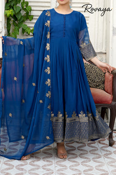 Sapphire Elegance – Embroidered Chiffon Festive Frock
