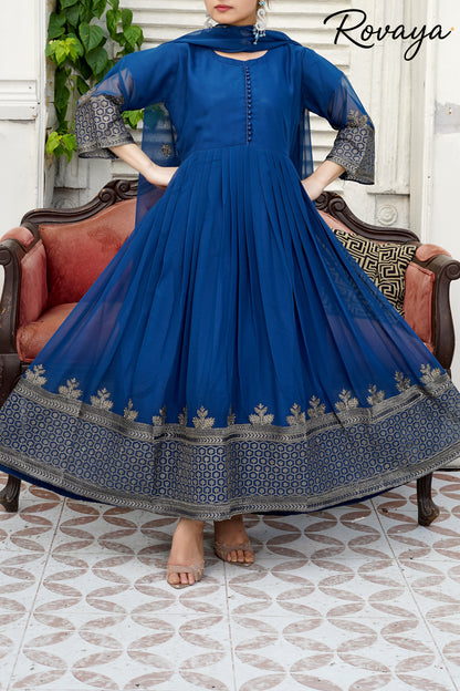 Sapphire Elegance – Embroidered Chiffon Festive Frock