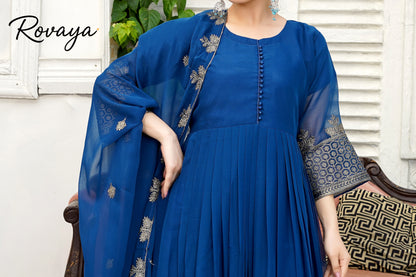 Sapphire Elegance – Embroidered Chiffon Festive Frock