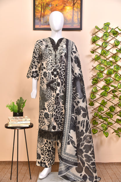 Monochrome Leopard Fusion Cotton 3PC with Luxury Embroidery