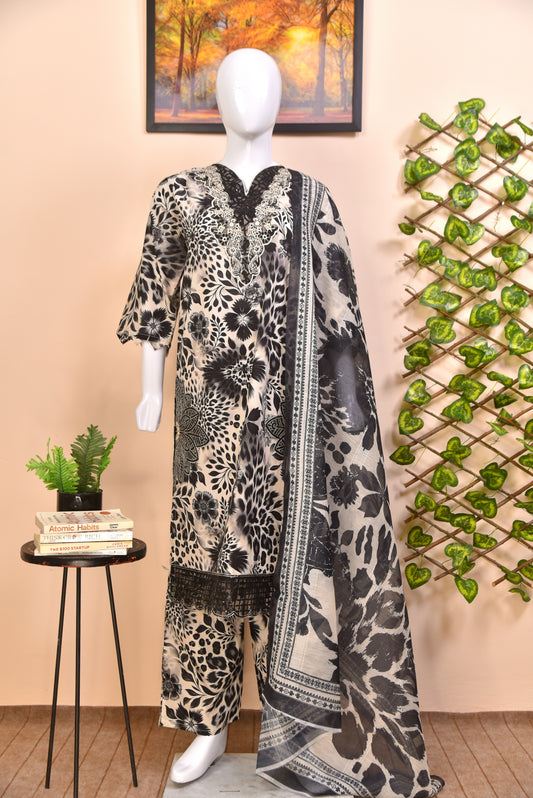 Monochrome Leopard Fusion Cotton 3PC with Luxury Embroidery
