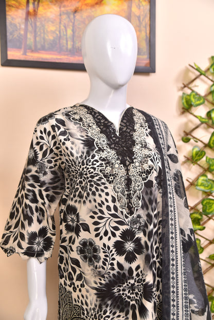 Monochrome Leopard Fusion Cotton 3PC with Luxury Embroidery