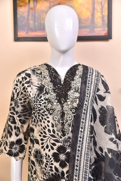 Monochrome Leopard Fusion Cotton 3PC with Luxury Embroidery