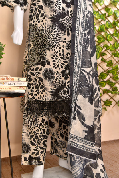 Monochrome Leopard Fusion Cotton 3PC with Luxury Embroidery