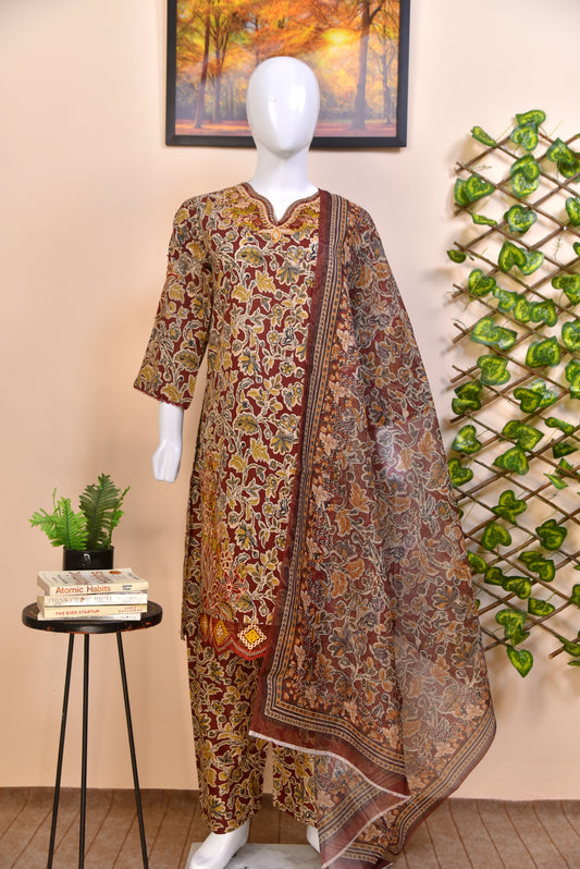 Earthy Floral Cotton 3PC with Intricate Neckline Embroidery