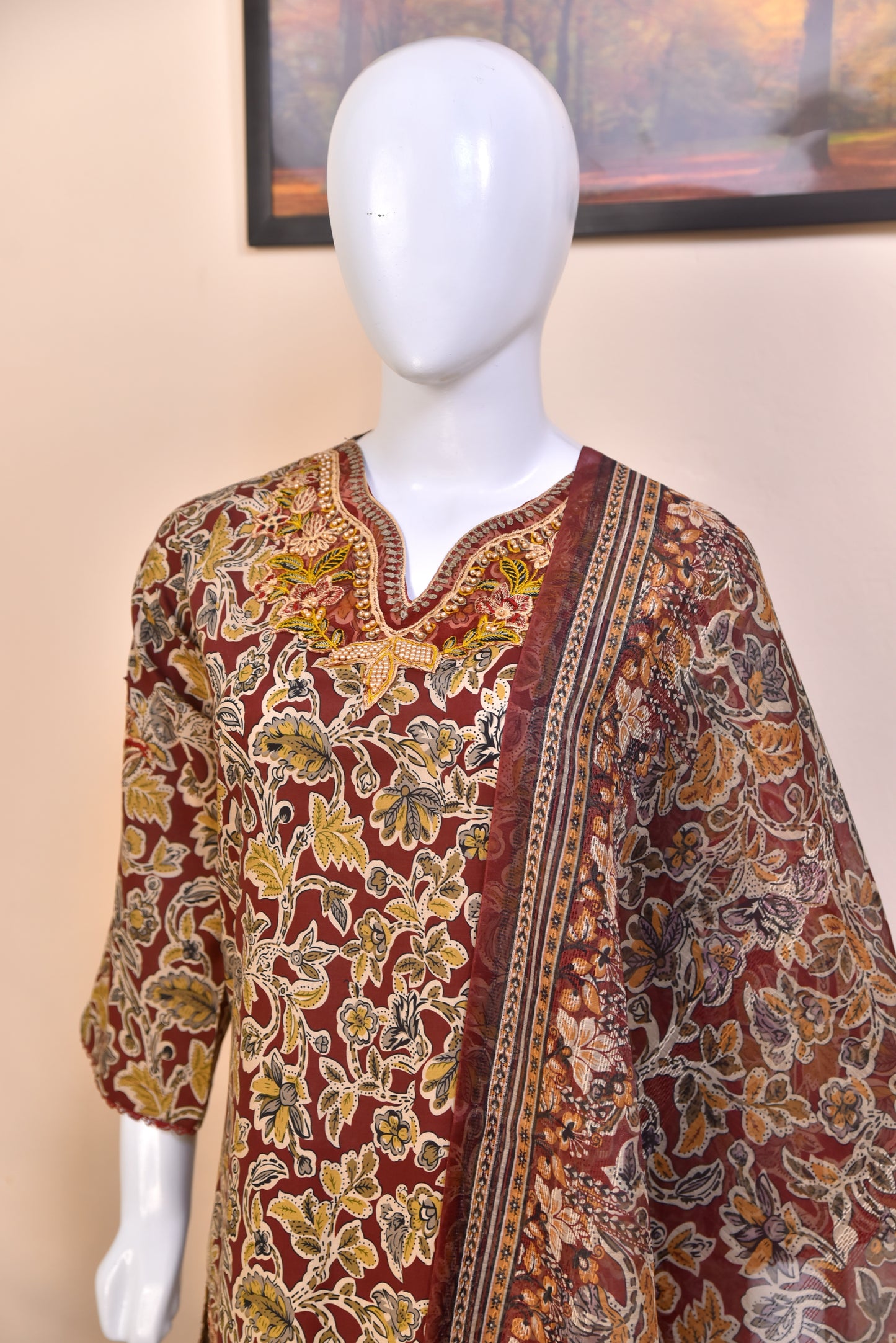 Earthy Floral Cotton 3PC with Intricate Neckline Embroidery