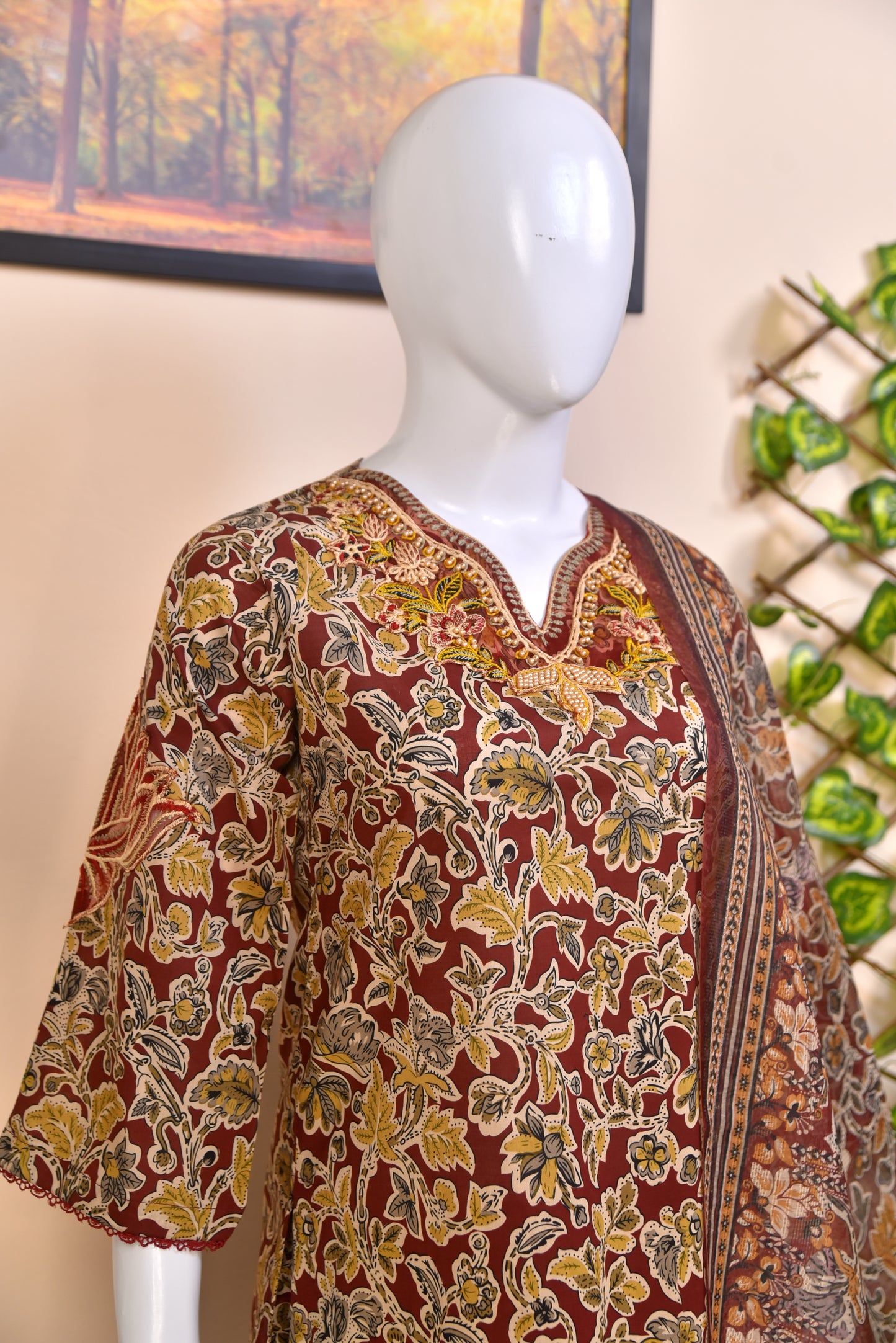 Earthy Floral Cotton 3PC with Intricate Neckline Embroidery