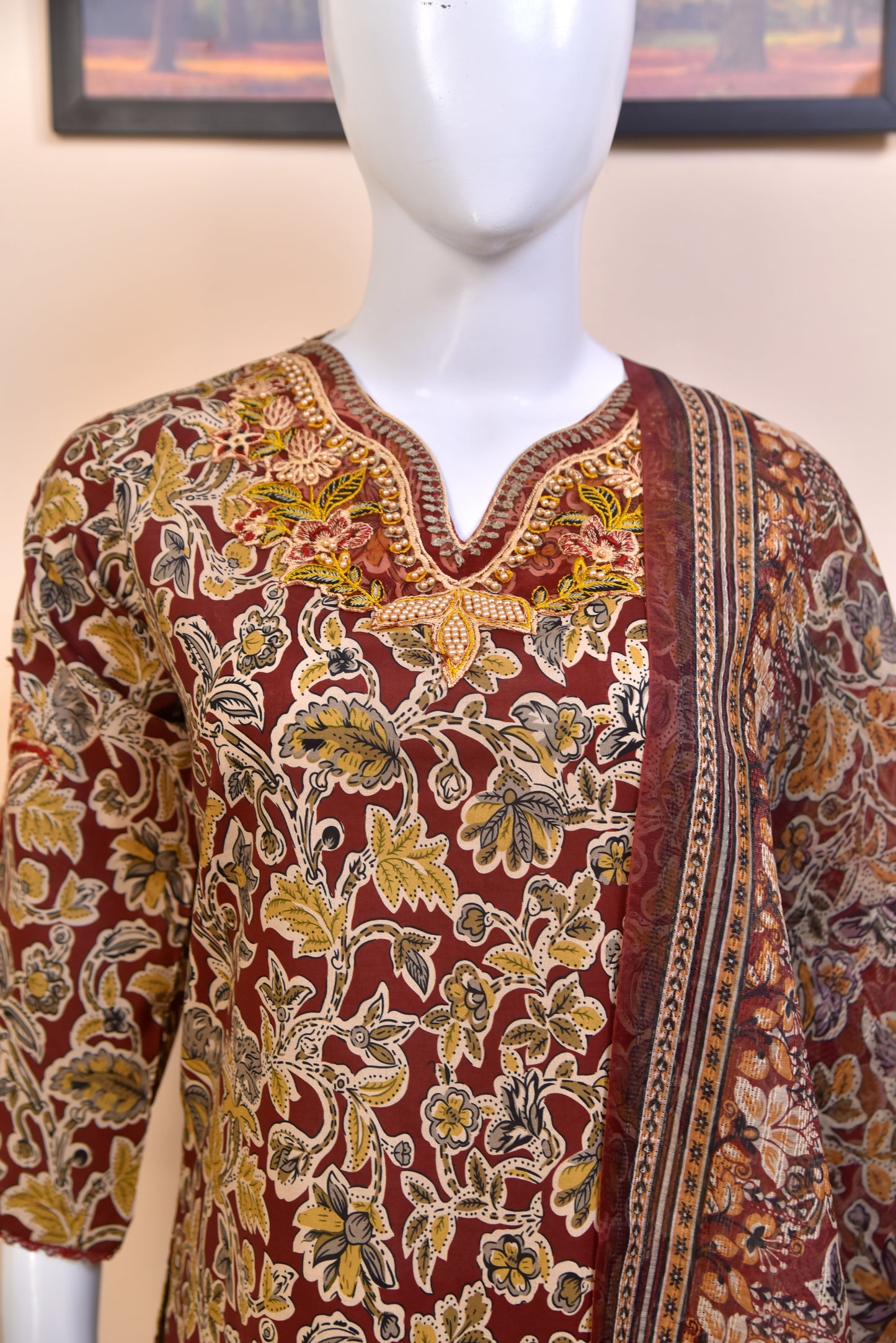 Earthy Floral Cotton 3PC with Intricate Neckline Embroidery