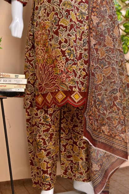 Earthy Floral Cotton 3PC with Intricate Neckline Embroidery