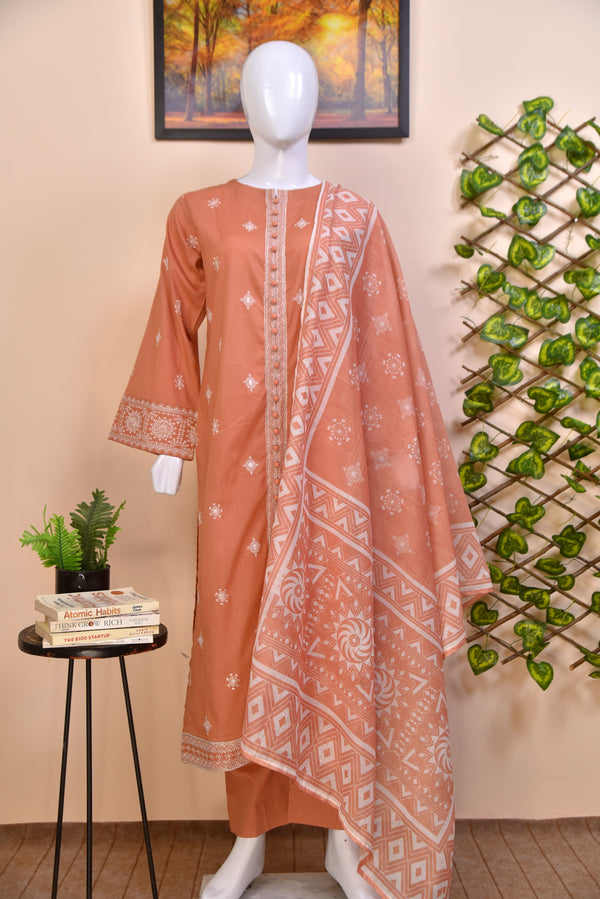 Luxury Embroidered Cotton 3PC with Geometric Print Dupatta
