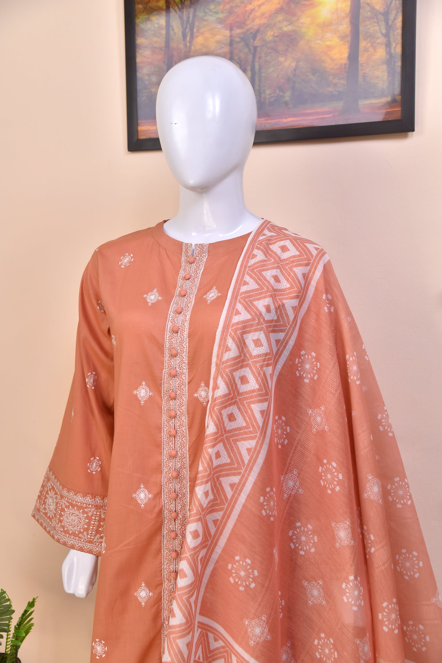 Luxury Embroidered Cotton 3PC with Geometric Print Dupatta