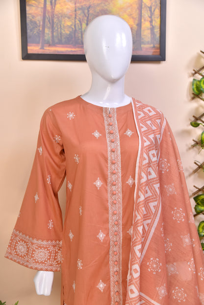 Luxury Embroidered Cotton 3PC with Geometric Print Dupatta
