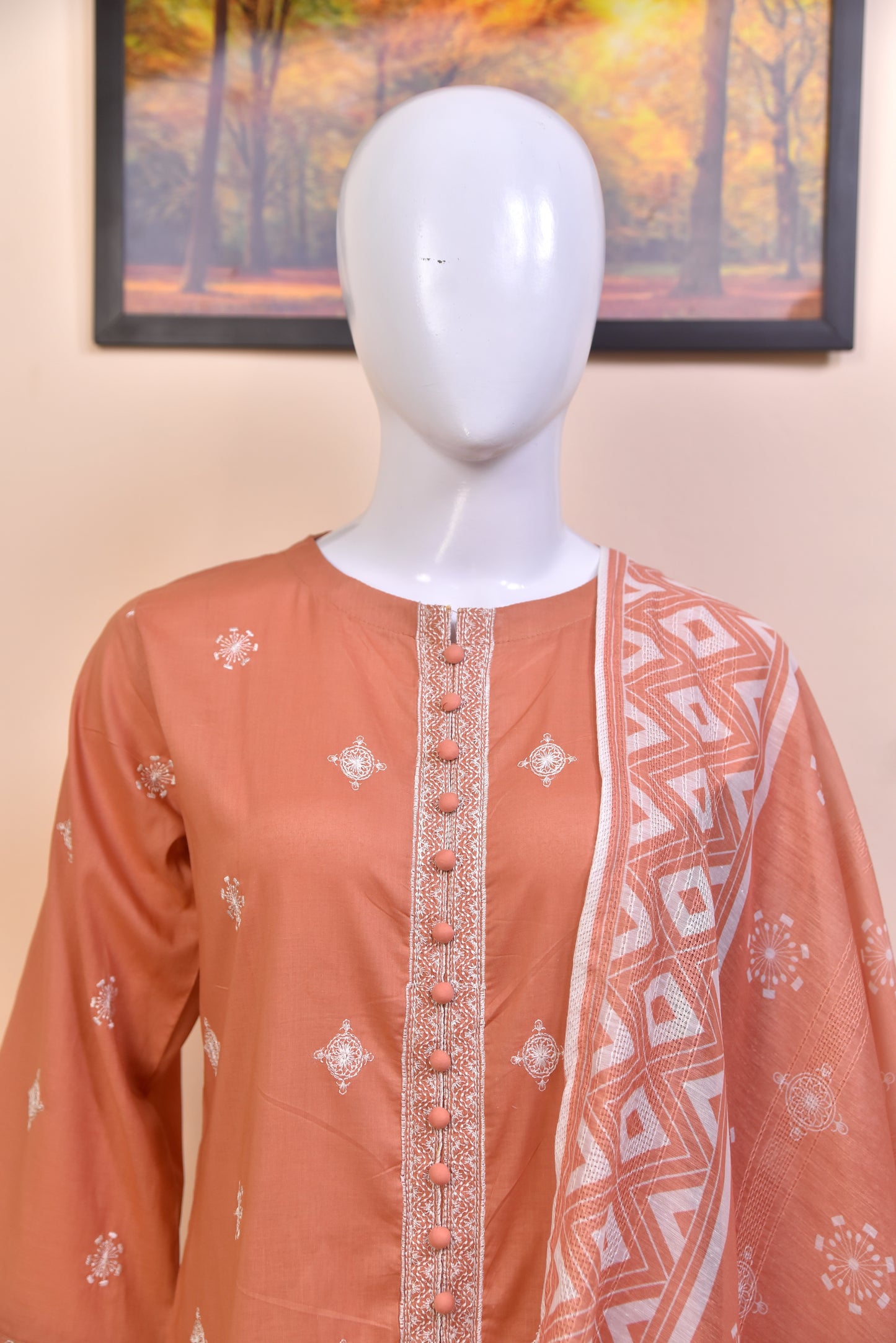 Luxury Embroidered Cotton 3PC with Geometric Print Dupatta