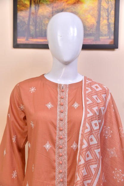 Luxury Embroidered Cotton 3PC with Geometric Print Dupatta