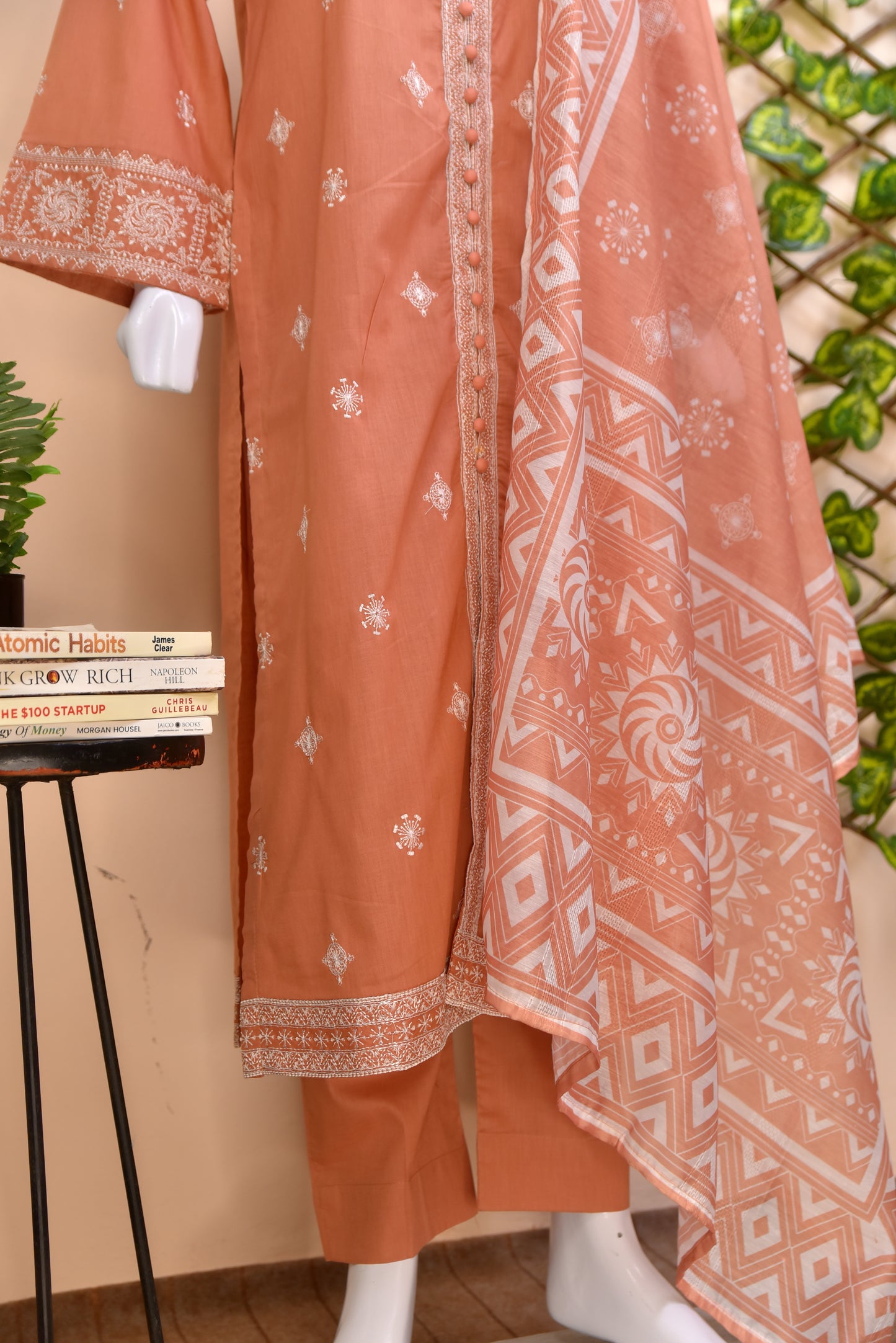 Luxury Embroidered Cotton 3PC with Geometric Print Dupatta