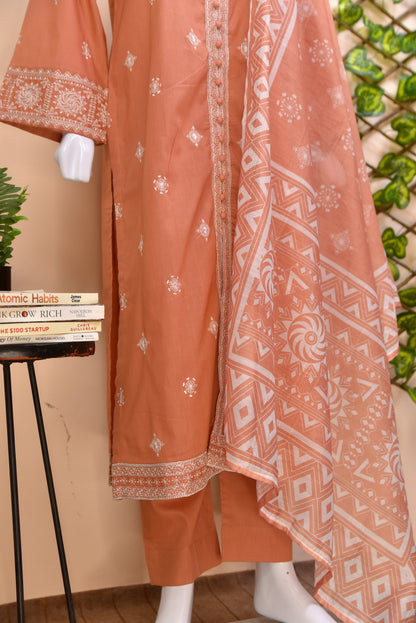 Luxury Embroidered Cotton 3PC with Geometric Print Dupatta