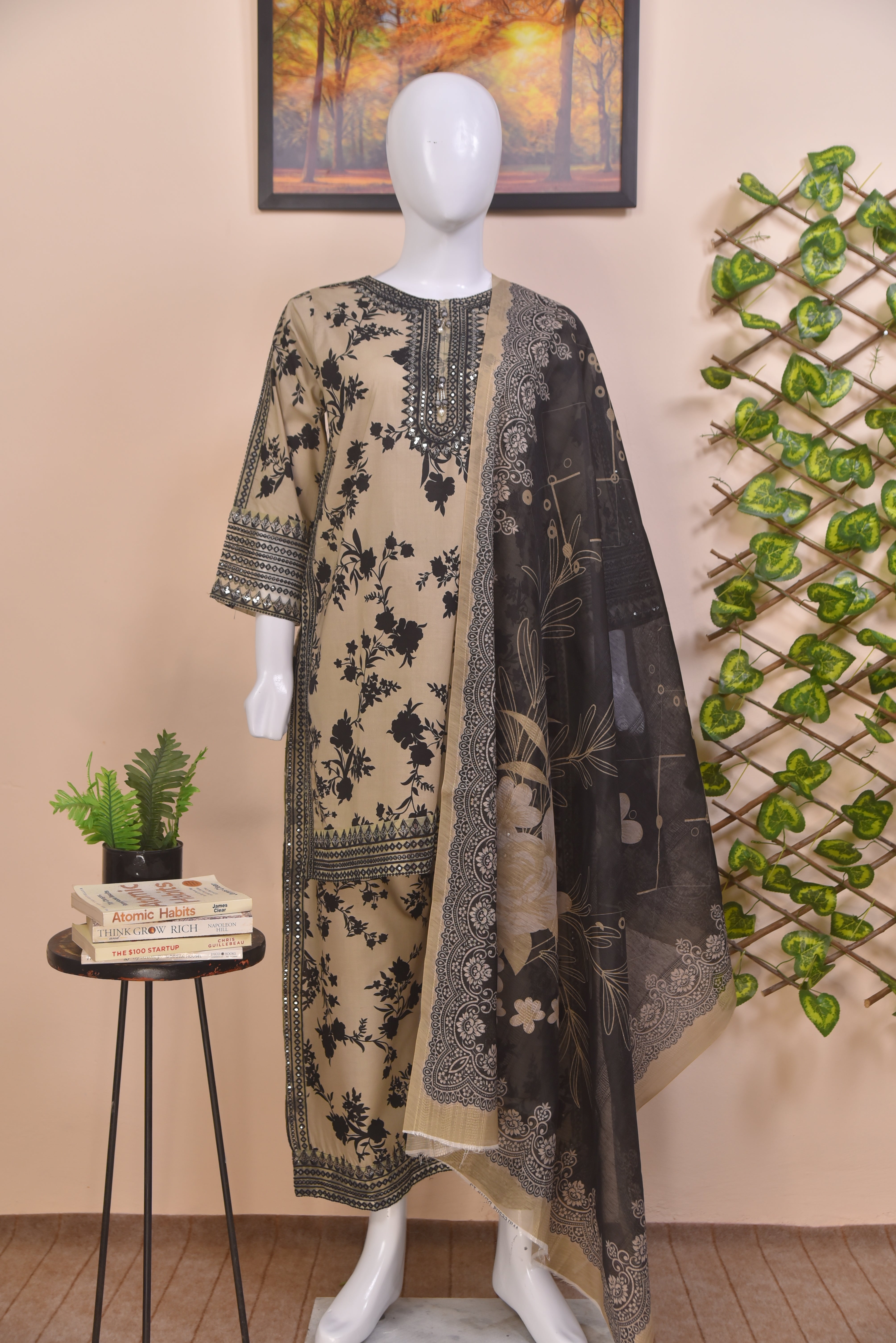 Embroidered Cotton 3-Piece light-brown Suit with Farshi Shalwar