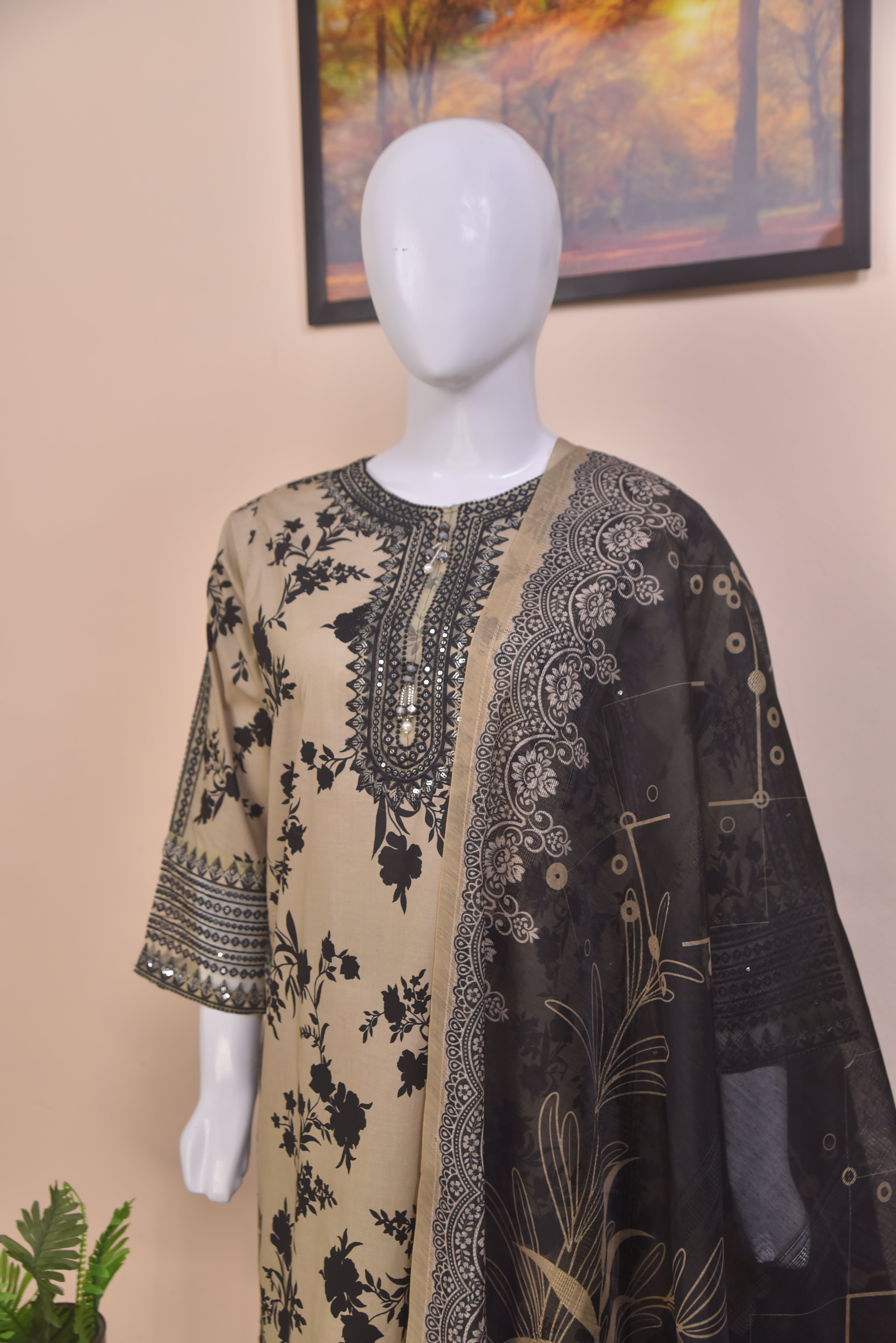 Embroidered Cotton 3-Piece light-brown Suit with Farshi Shalwar