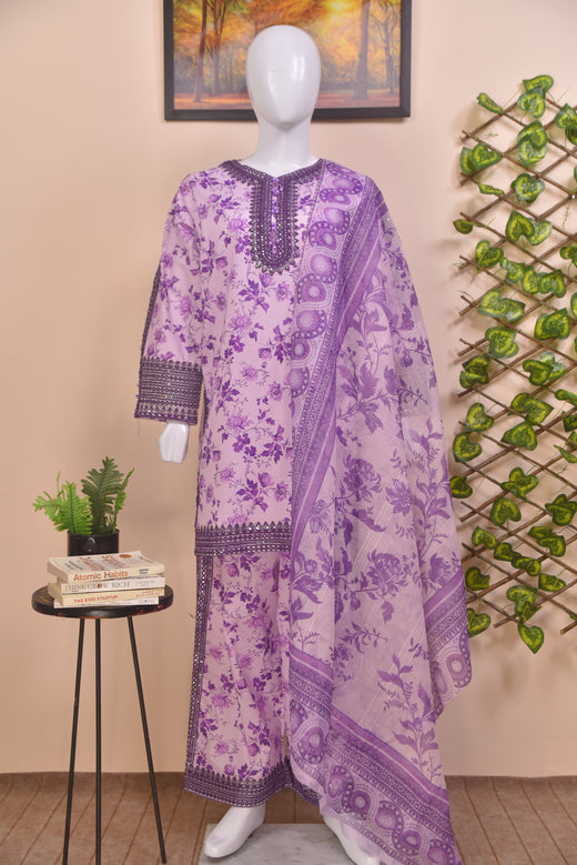 Embroidered Cotton 3-Piece light-purple Suit with Farshi Shalwar