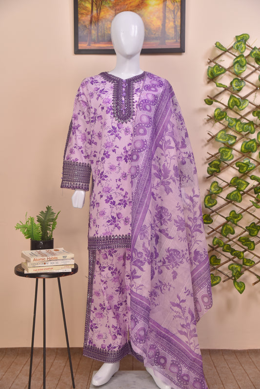 Luxury Embroidered Cotton 3PC with Farshi Shalwar