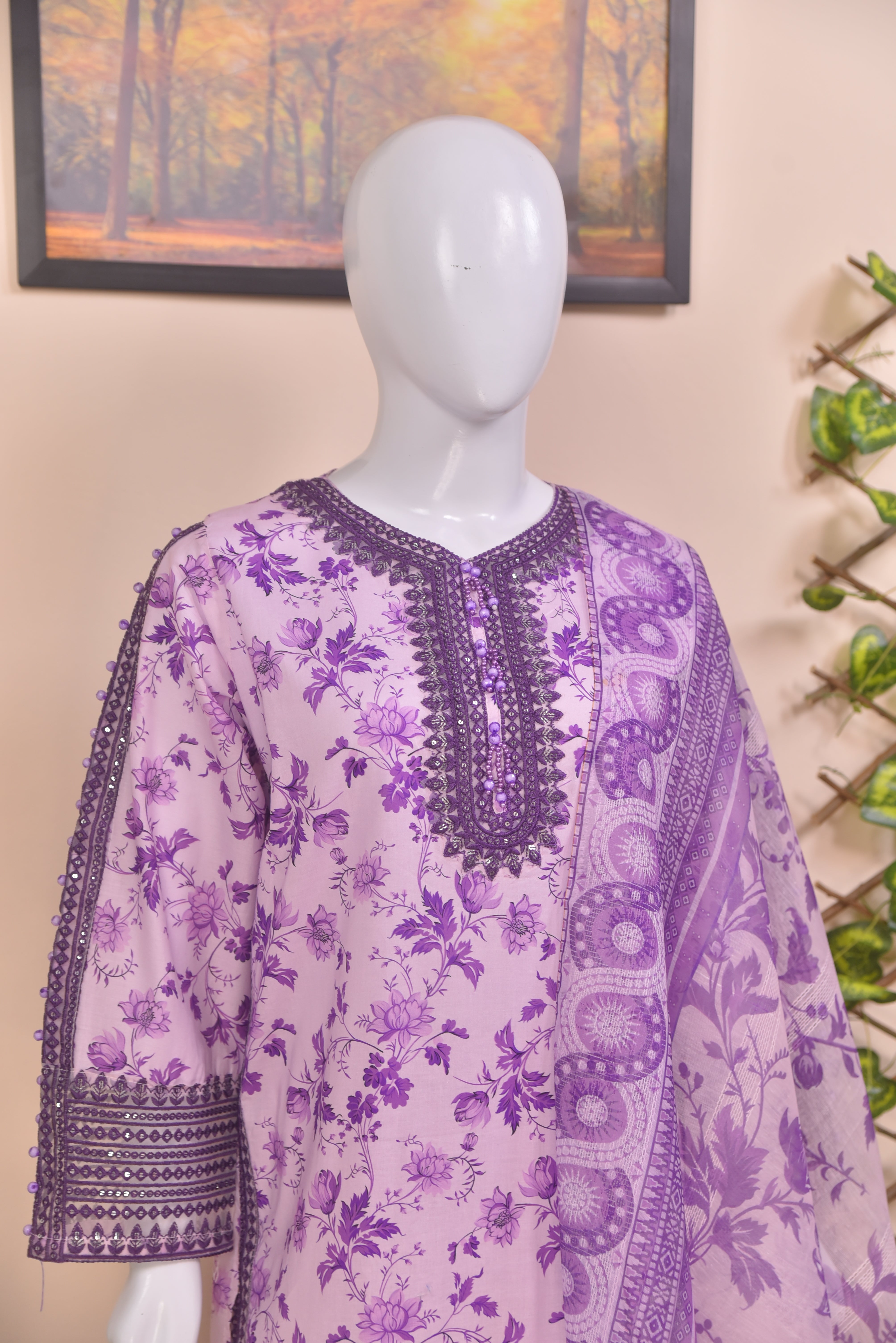 Embroidered Cotton 3-Piece light-purple Suit with Farshi Shalwar