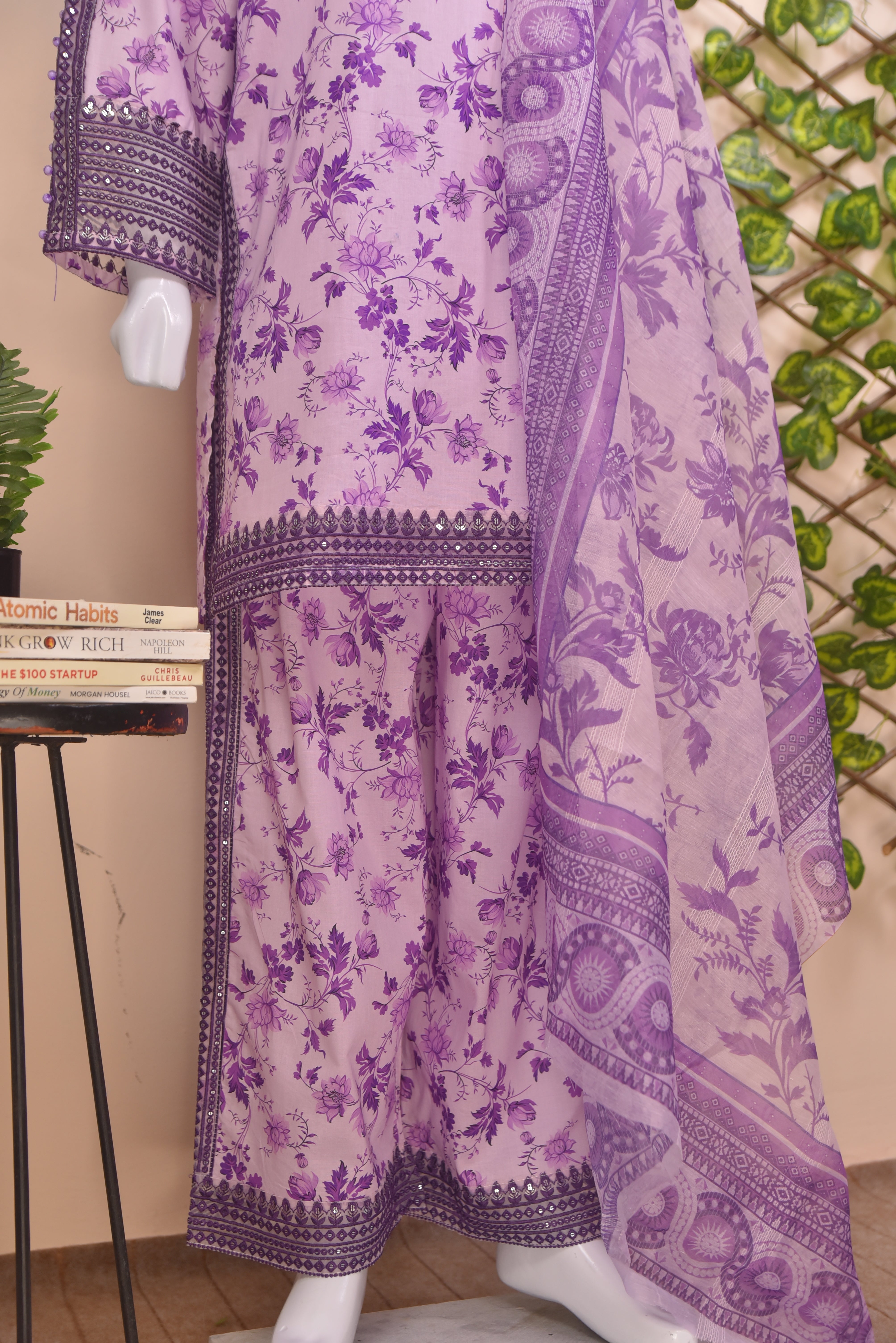 Embroidered Cotton 3-Piece light-purple Suit with Farshi Shalwar