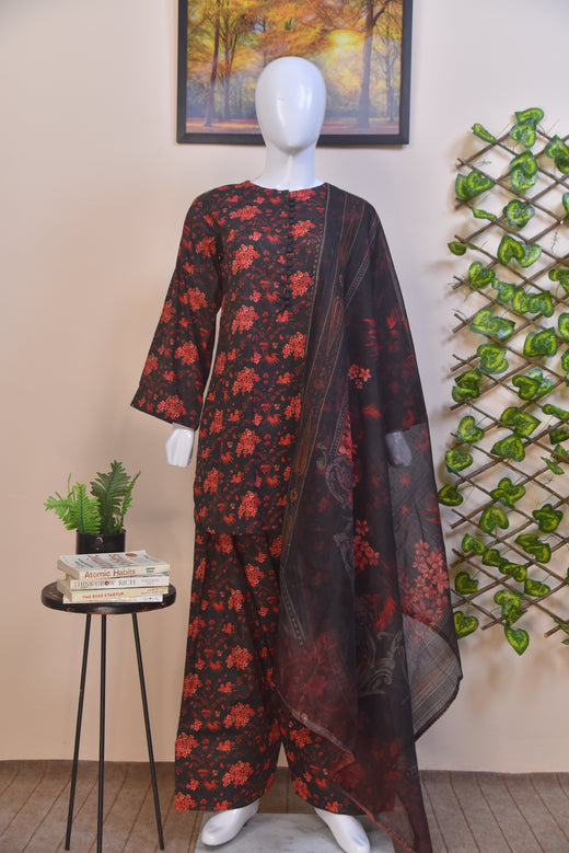 Digital Printed Cotton 3-Piece Suit with Farshi Shalwar