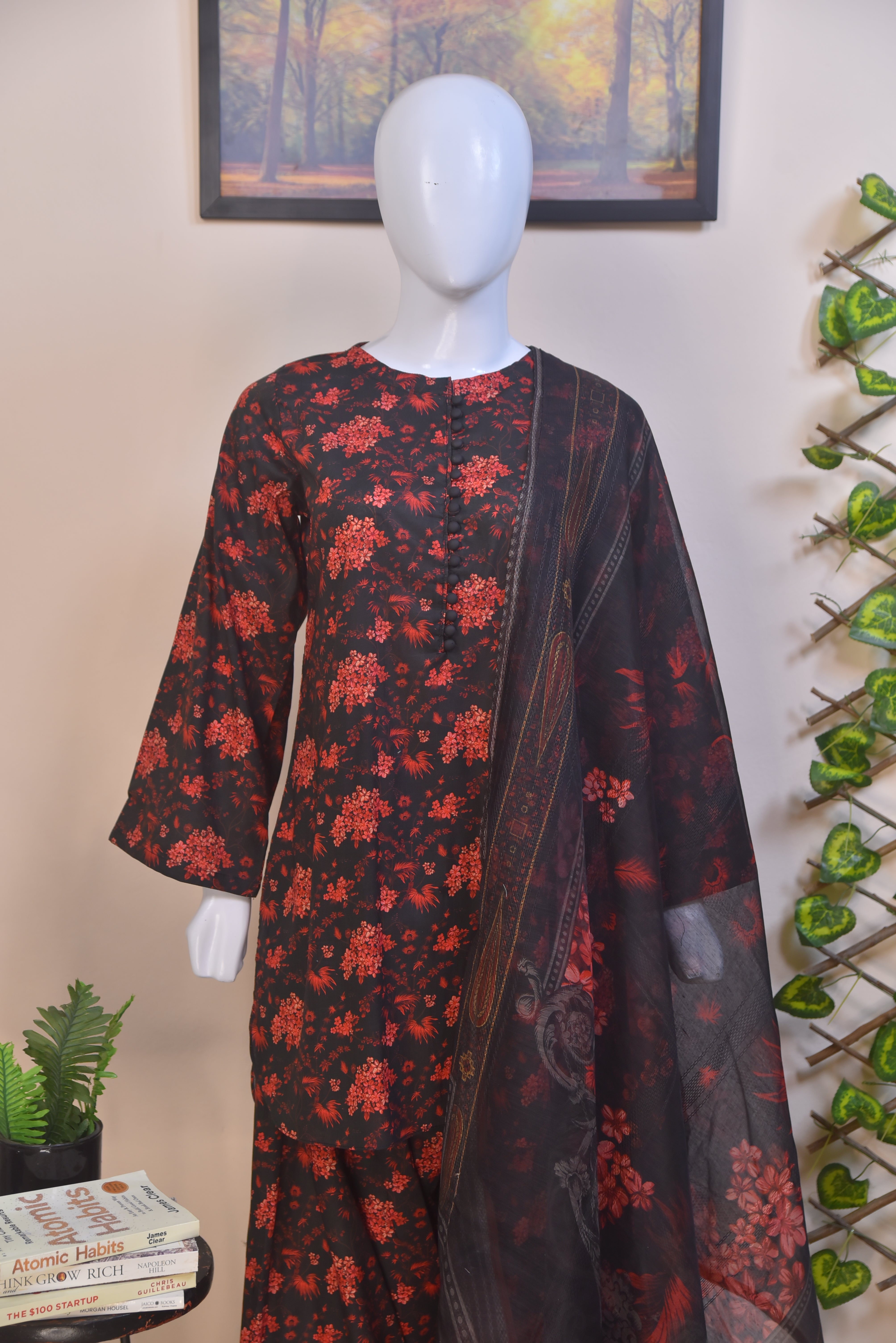 Digital Printed Cotton 3-Piece Suit with Farshi Shalwar