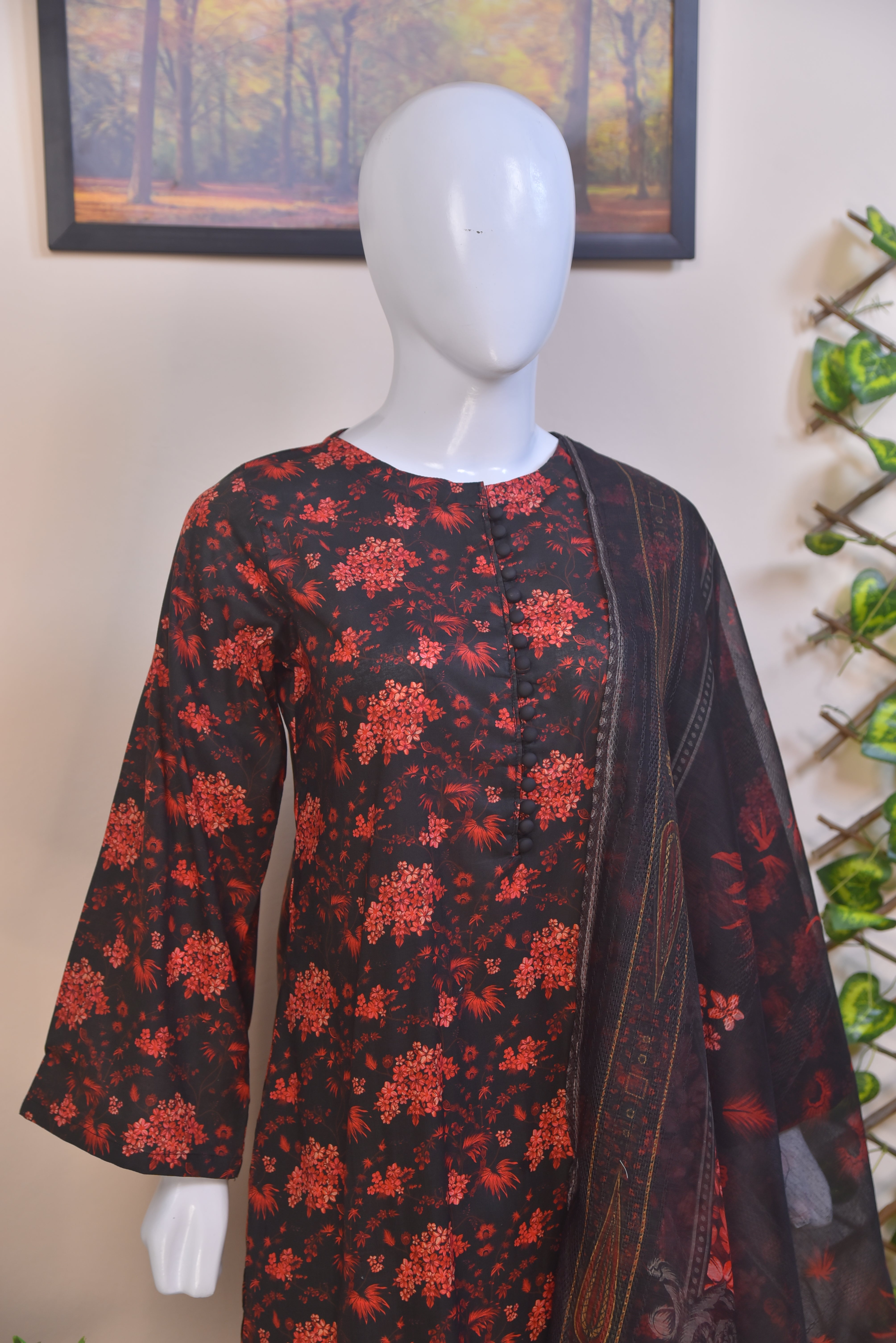 Digital Printed Cotton 3-Piece Suit with Farshi Shalwar