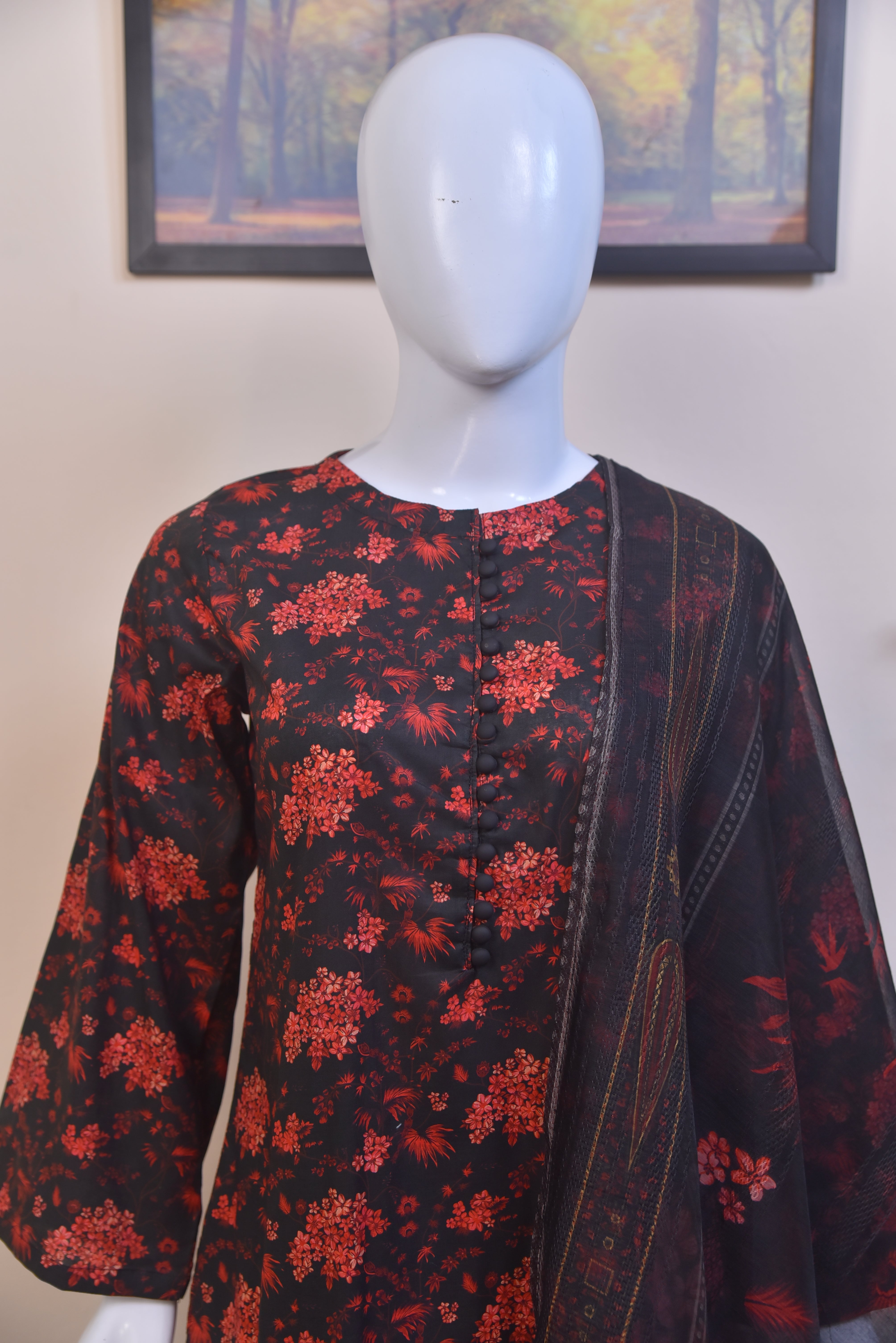 Digital Printed Cotton 3-Piece Suit with Farshi Shalwar