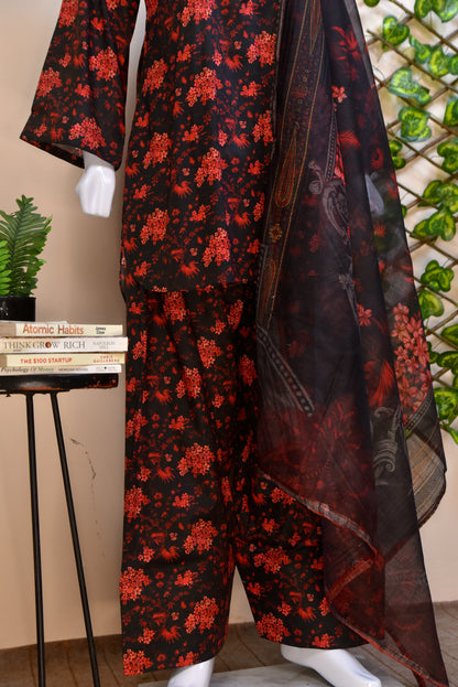 Premium Digital Printed Cotton 3PC with Farshi Shalwar