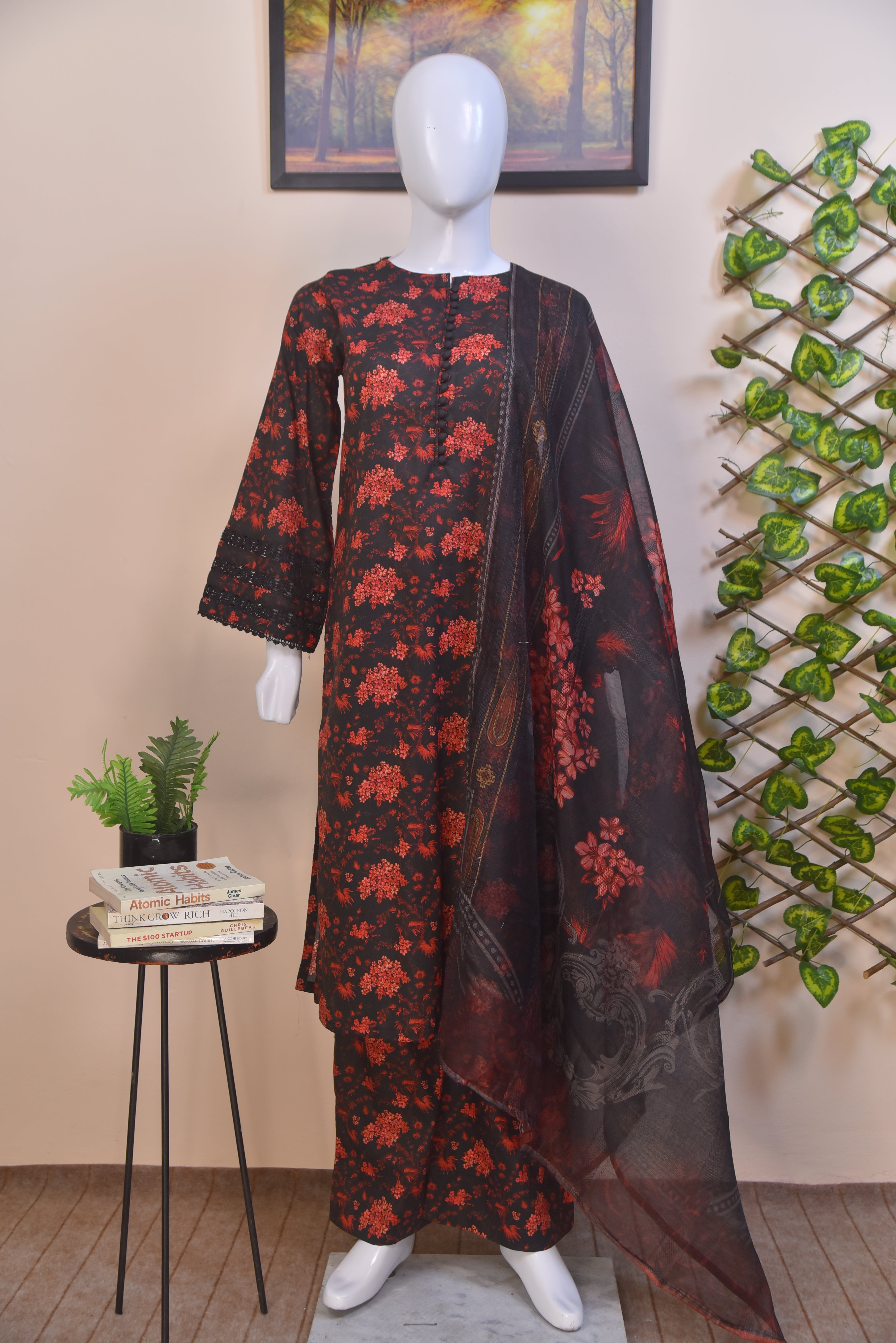 Cotton 3-Piece Suit with Embroidered Sleeves