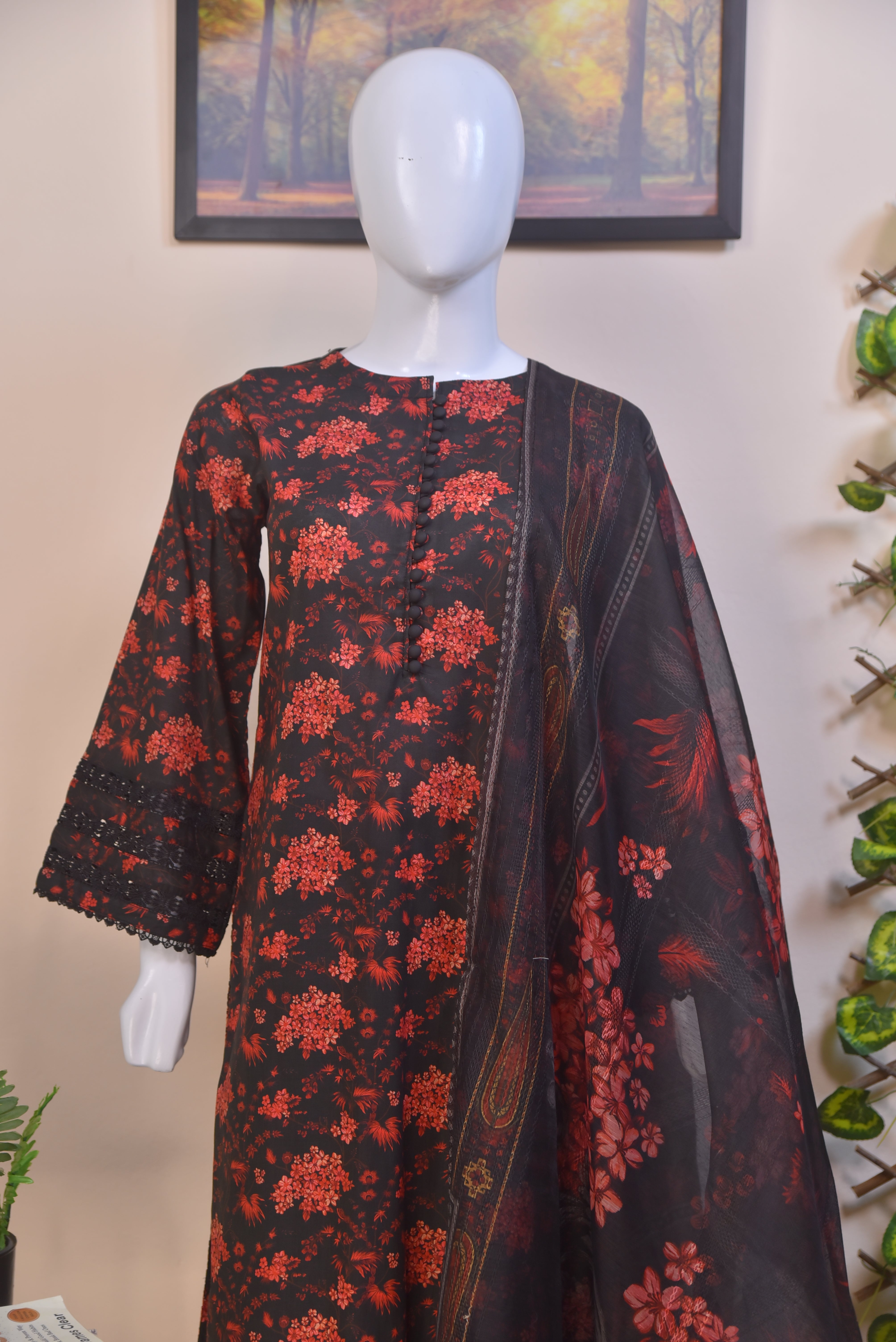 Cotton 3-Piece Suit with Embroidered Sleeves