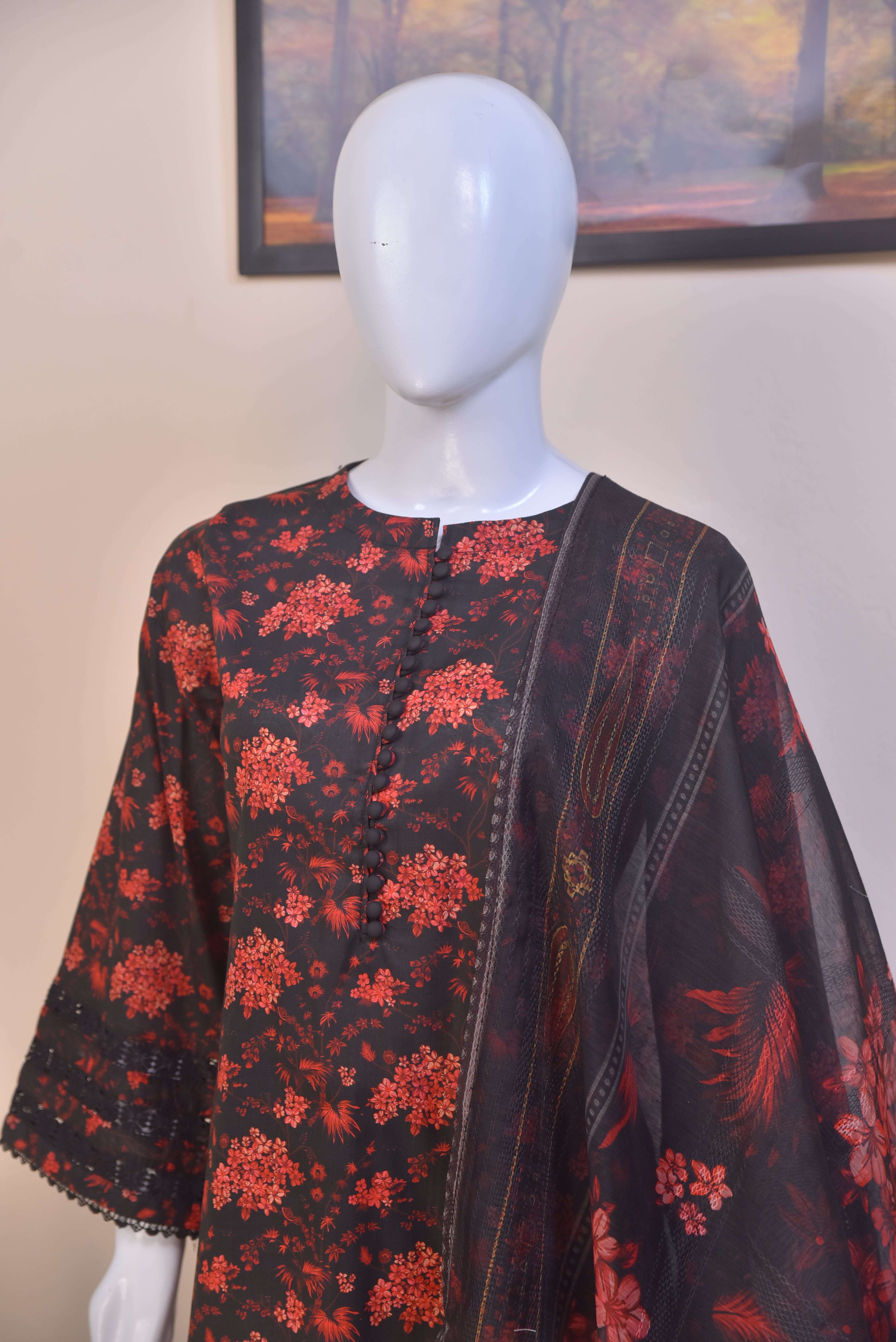 Cotton 3-Piece Suit with Embroidered Sleeves