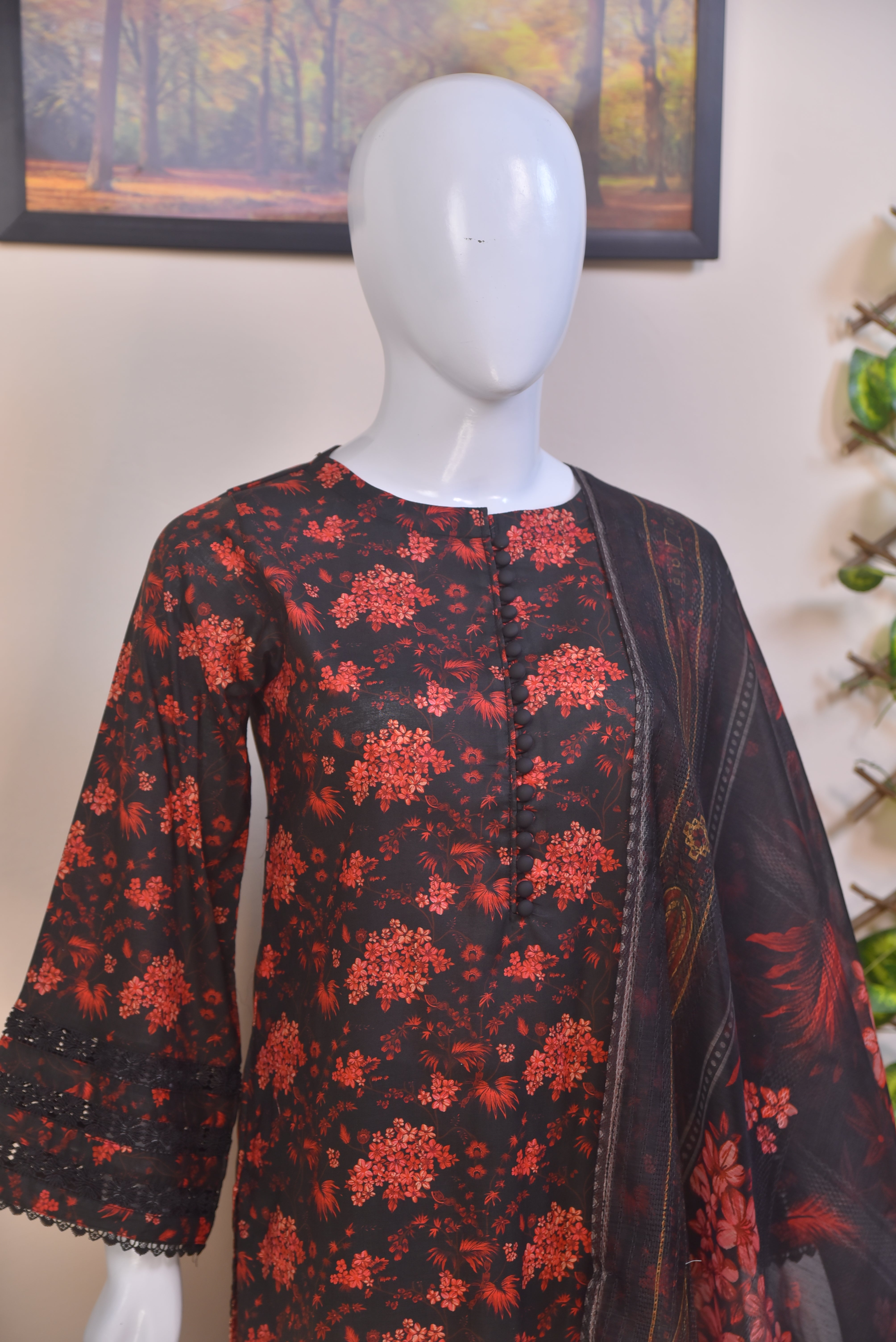 Cotton 3-Piece Suit with Embroidered Sleeves
