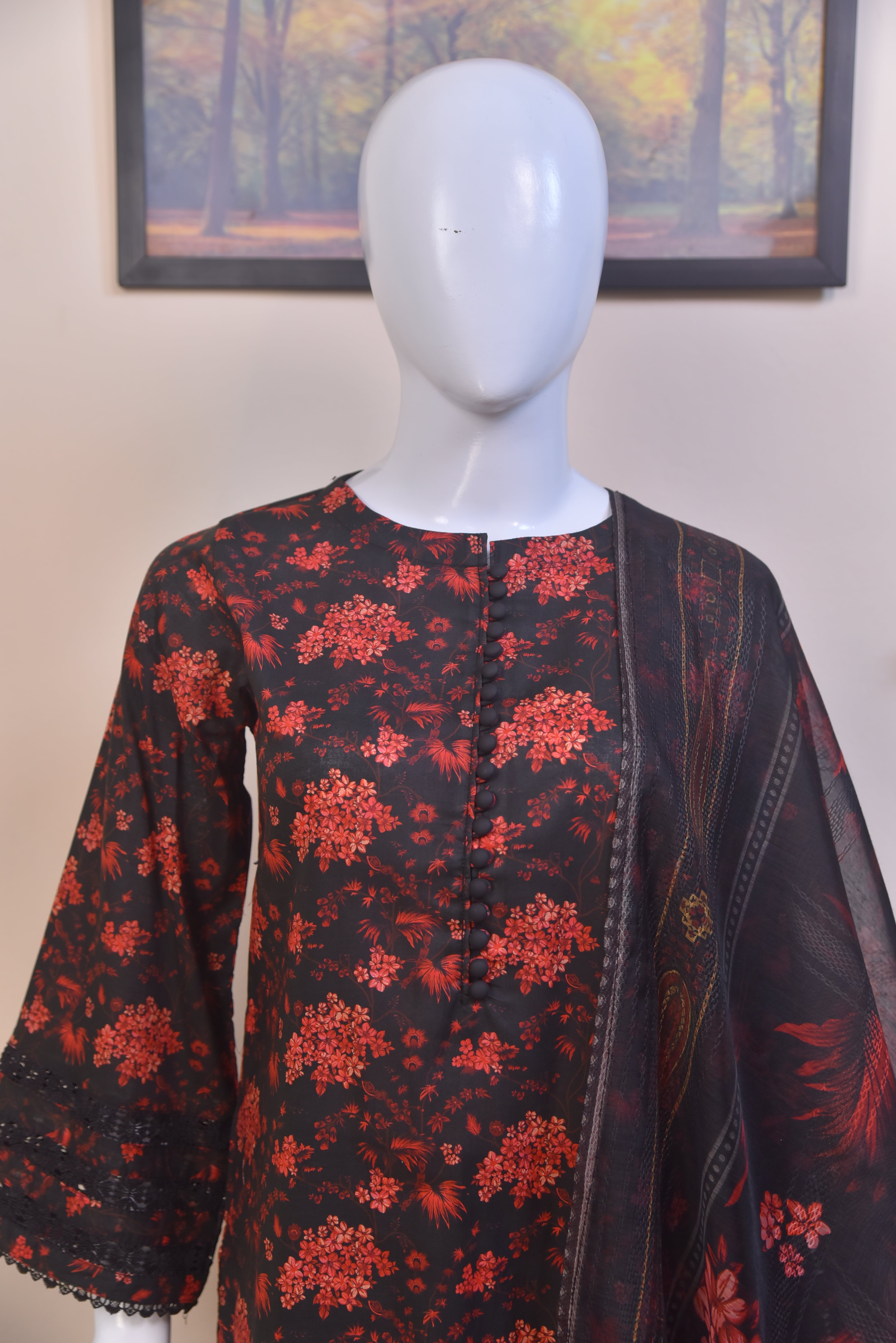 Cotton 3-Piece Suit with Embroidered Sleeves