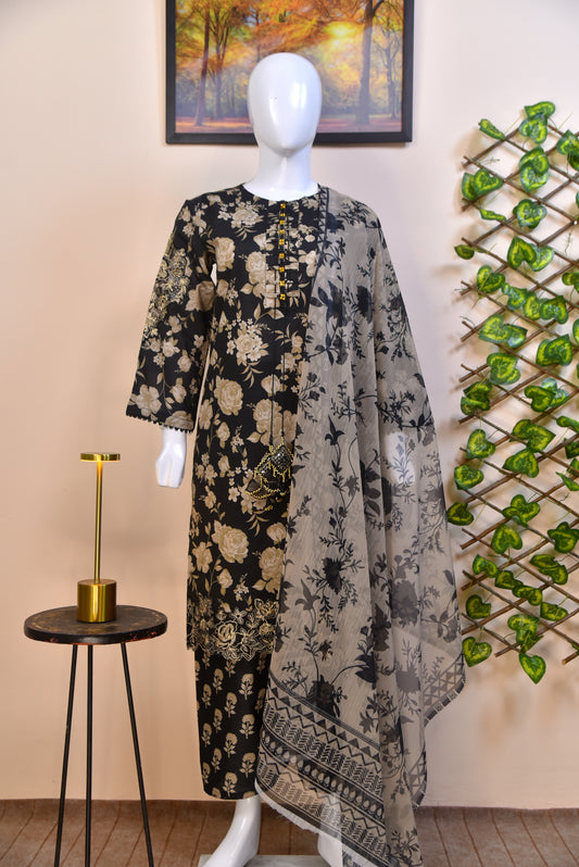 Luxury Floral Cotton 3PC with Embroidered Details