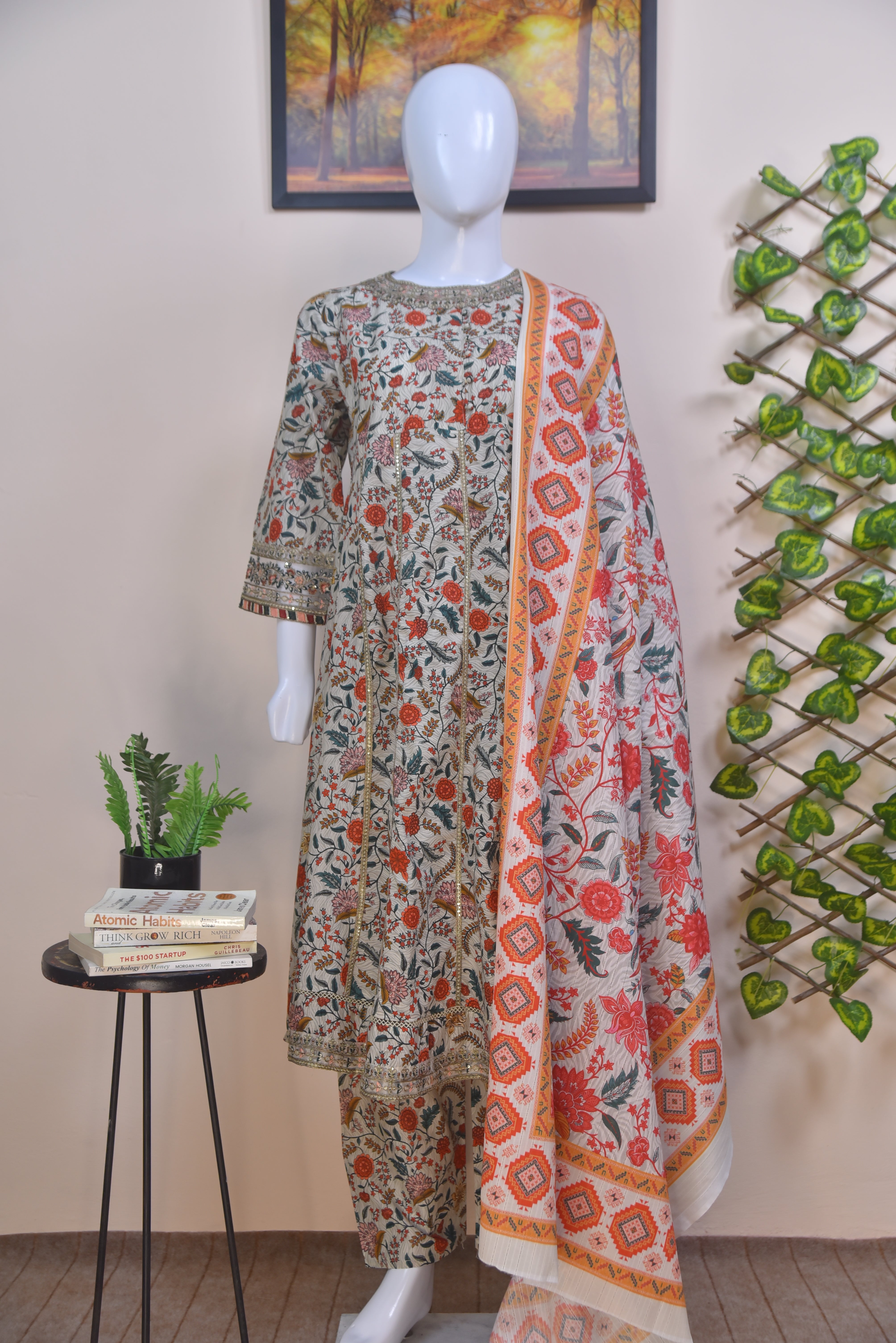 Printed Cotton 3-Piece Light Beige Suit with Lace Detailing