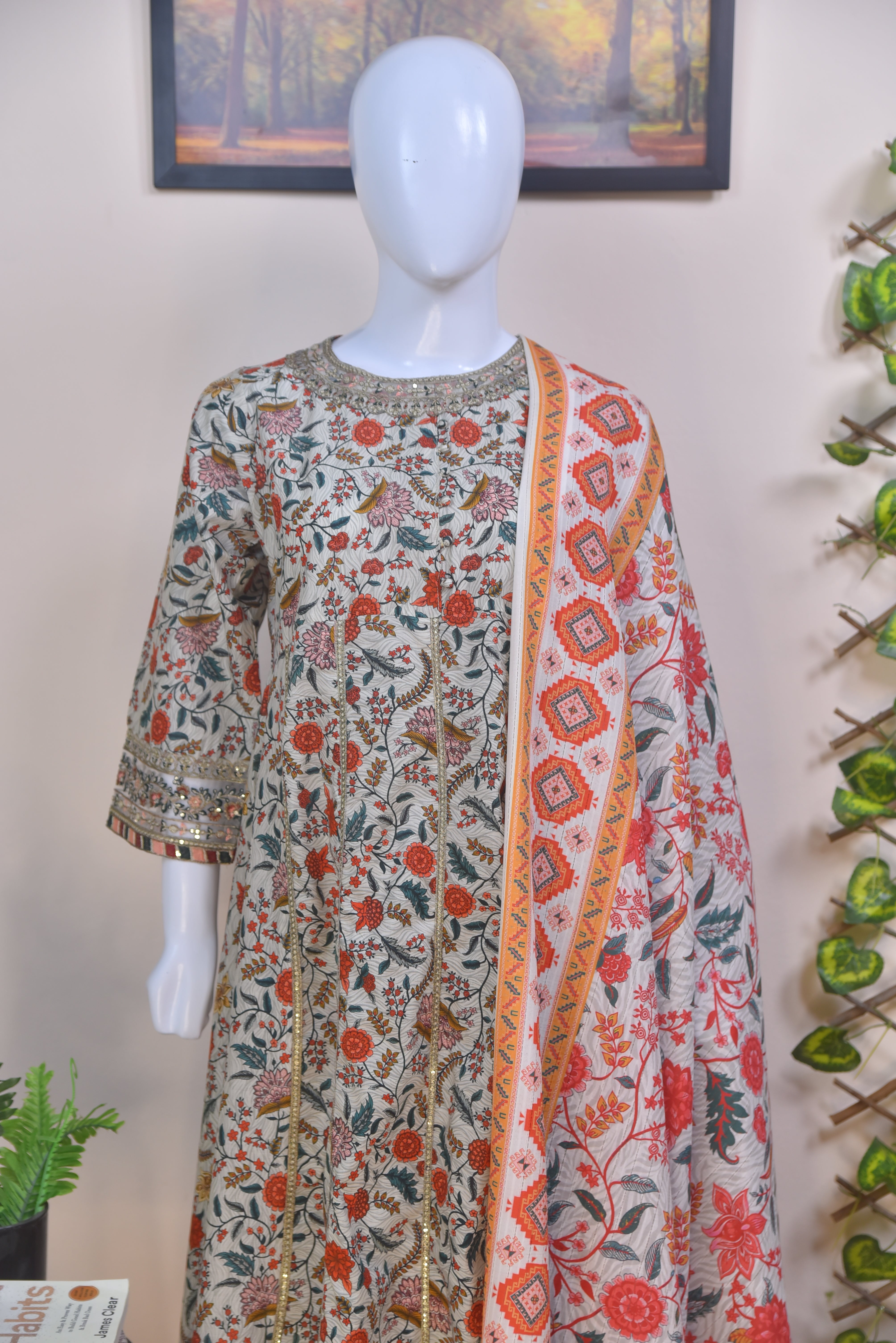 Printed Cotton 3-Piece Light Beige Suit with Lace Detailing