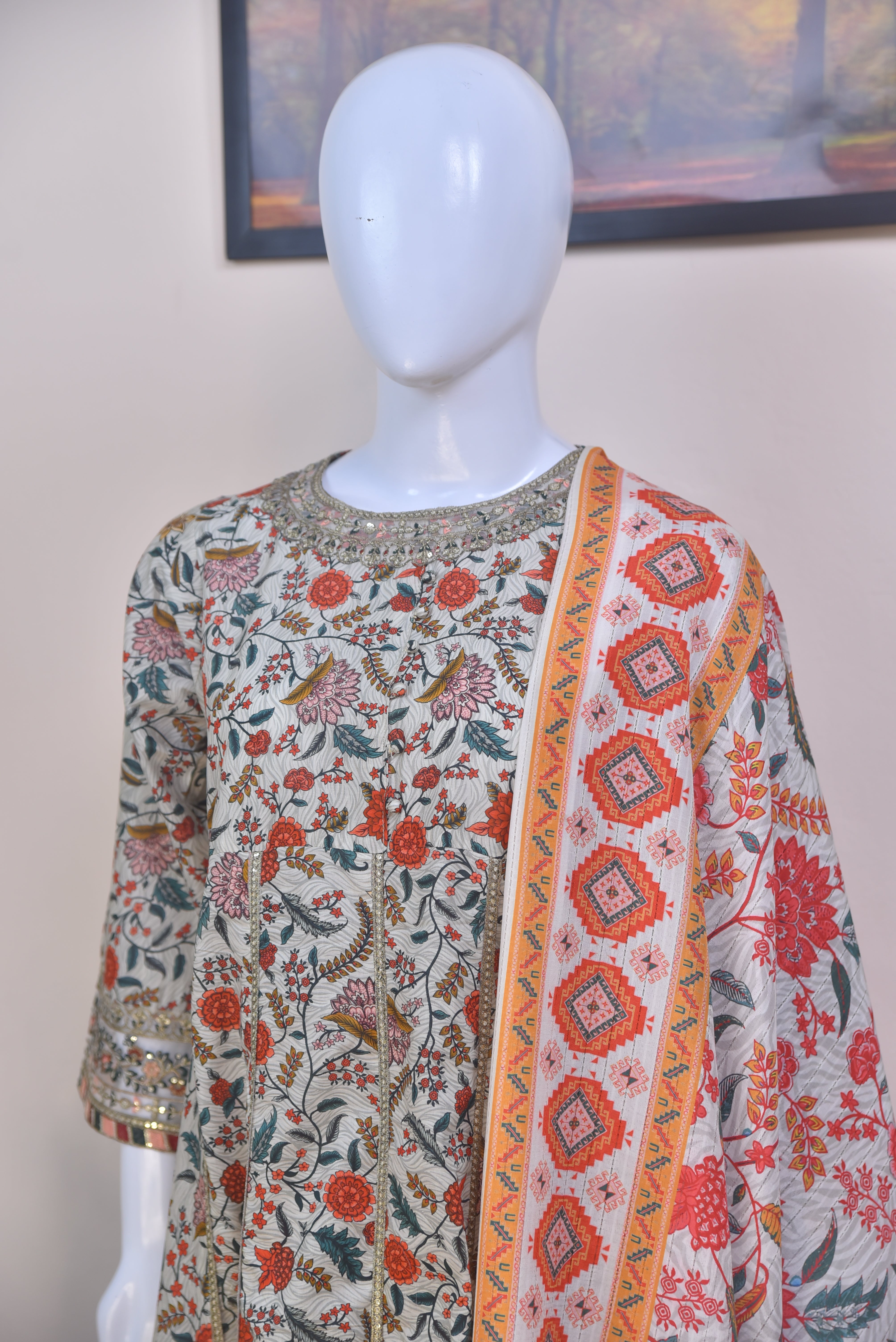 Printed Cotton 3-Piece Light Beige Suit with Lace Detailing