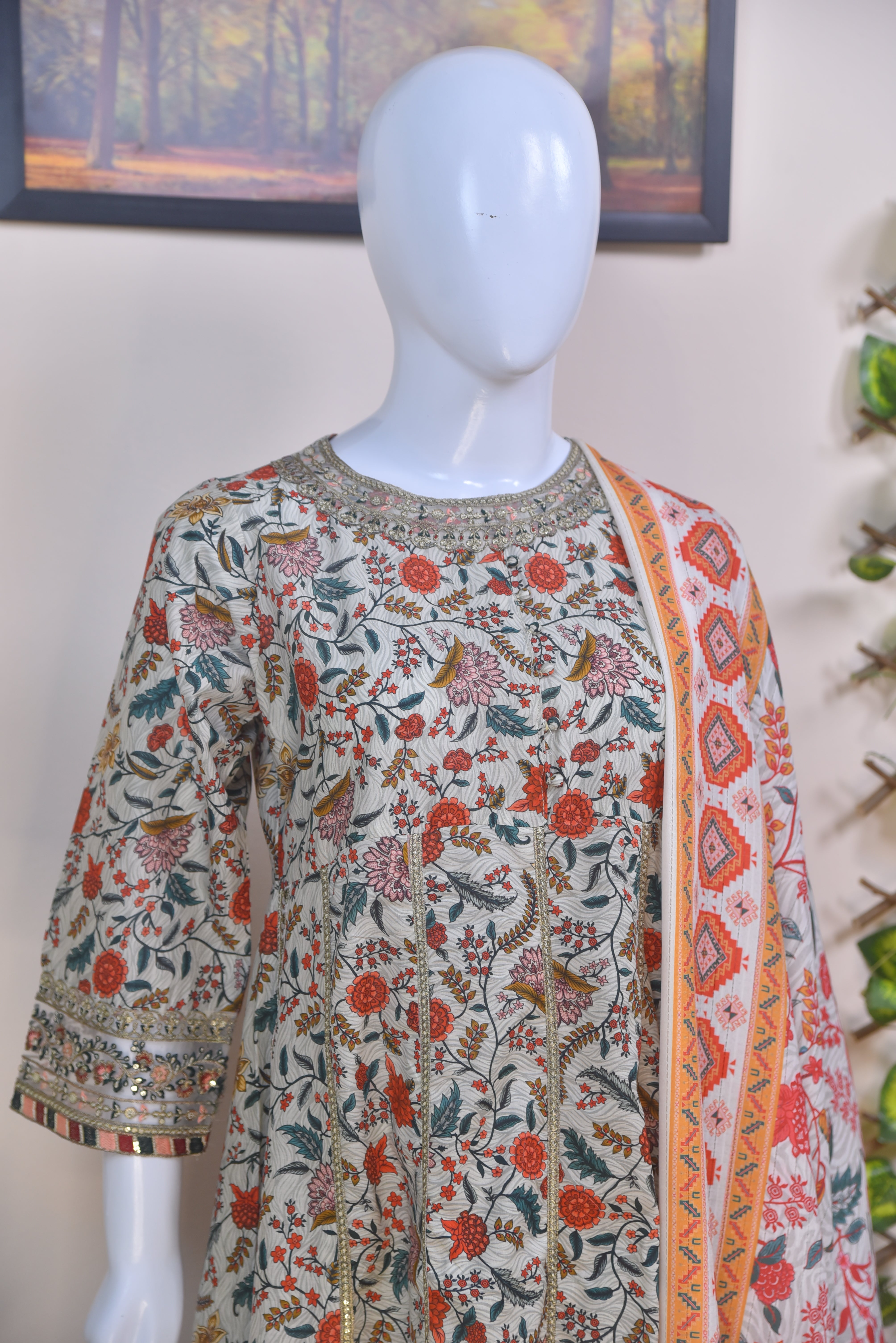 Printed Cotton 3-Piece Light Beige Suit with Lace Detailing