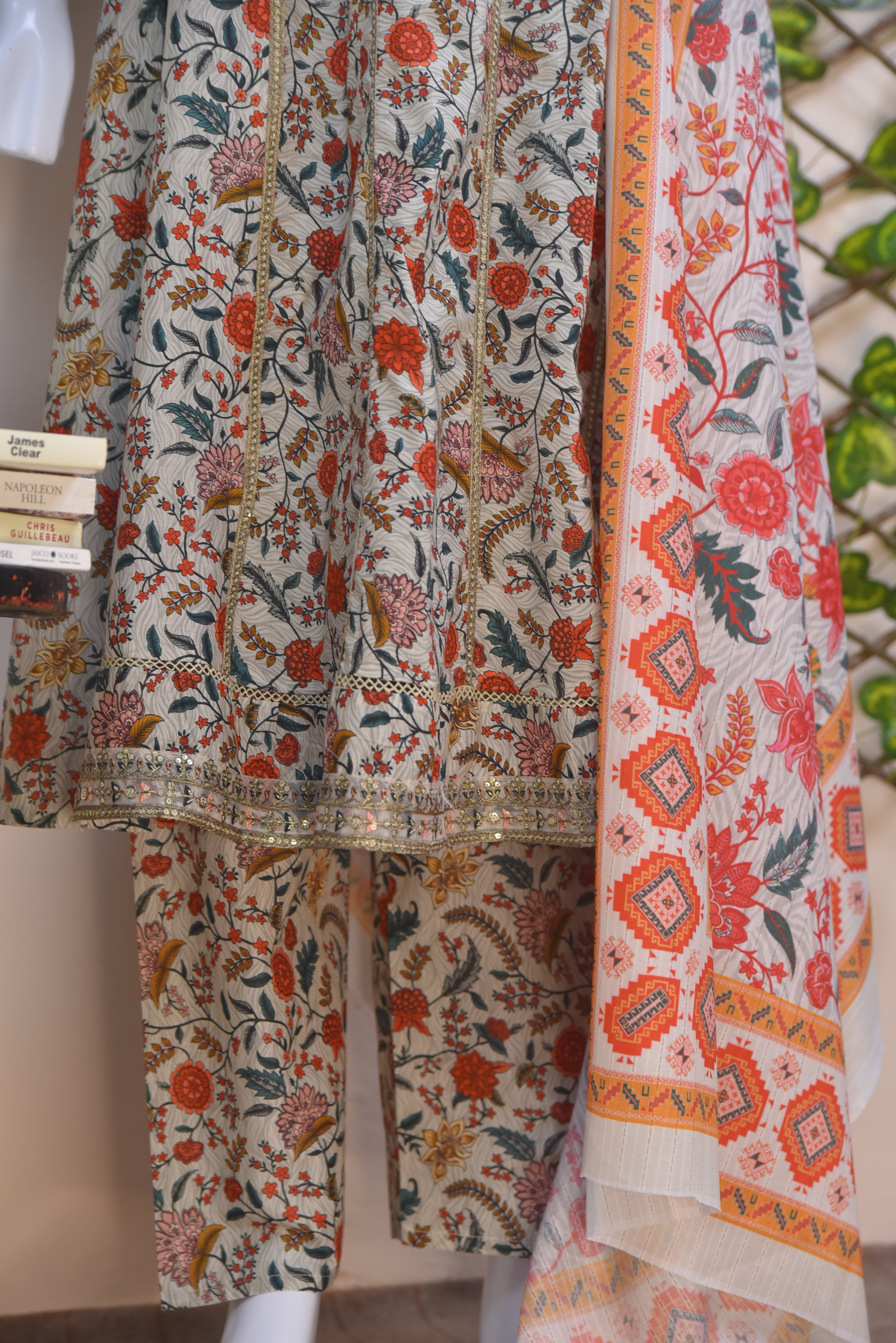 Printed Cotton 3-Piece Light Beige Suit with Lace Detailing