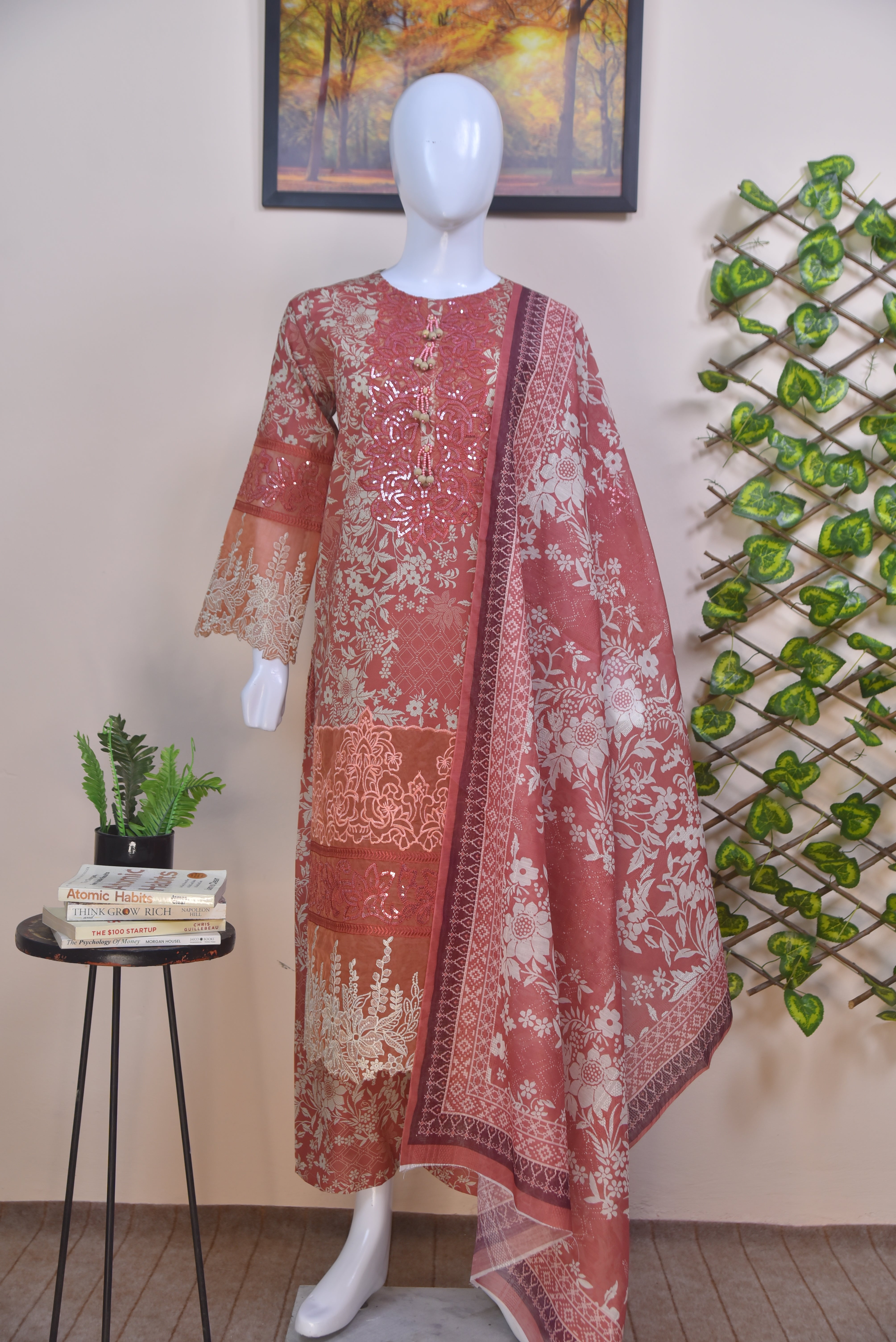 Luxury Embroidered Cotton 3-Piece Peach Suit