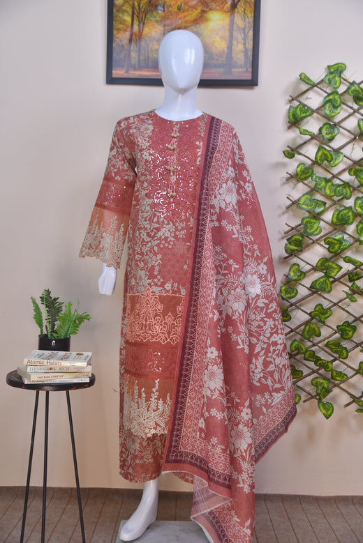 Luxury Embroidered Cotton 3-Piece Peach Suit