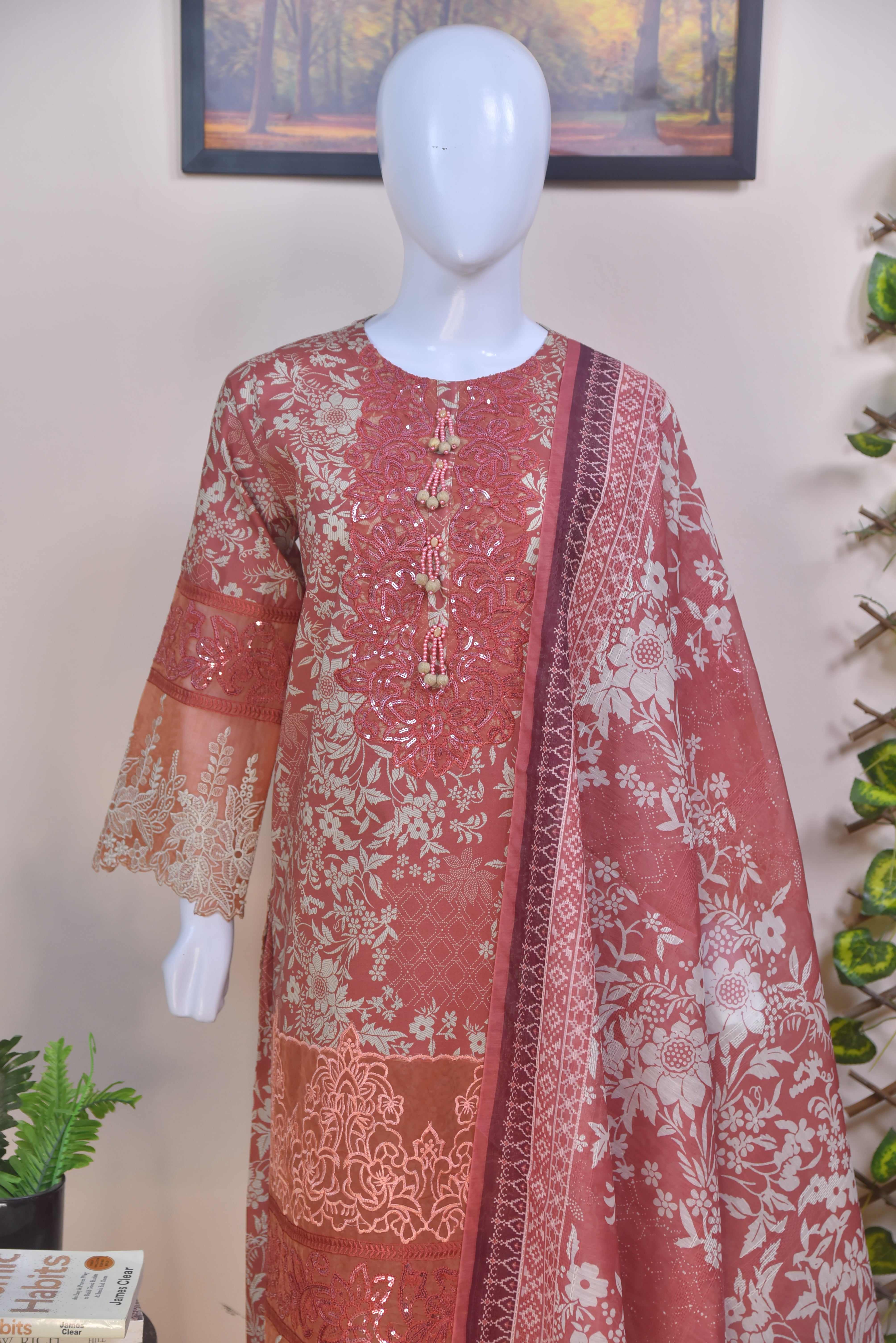 Luxury Embroidered Cotton 3-Piece Peach Suit