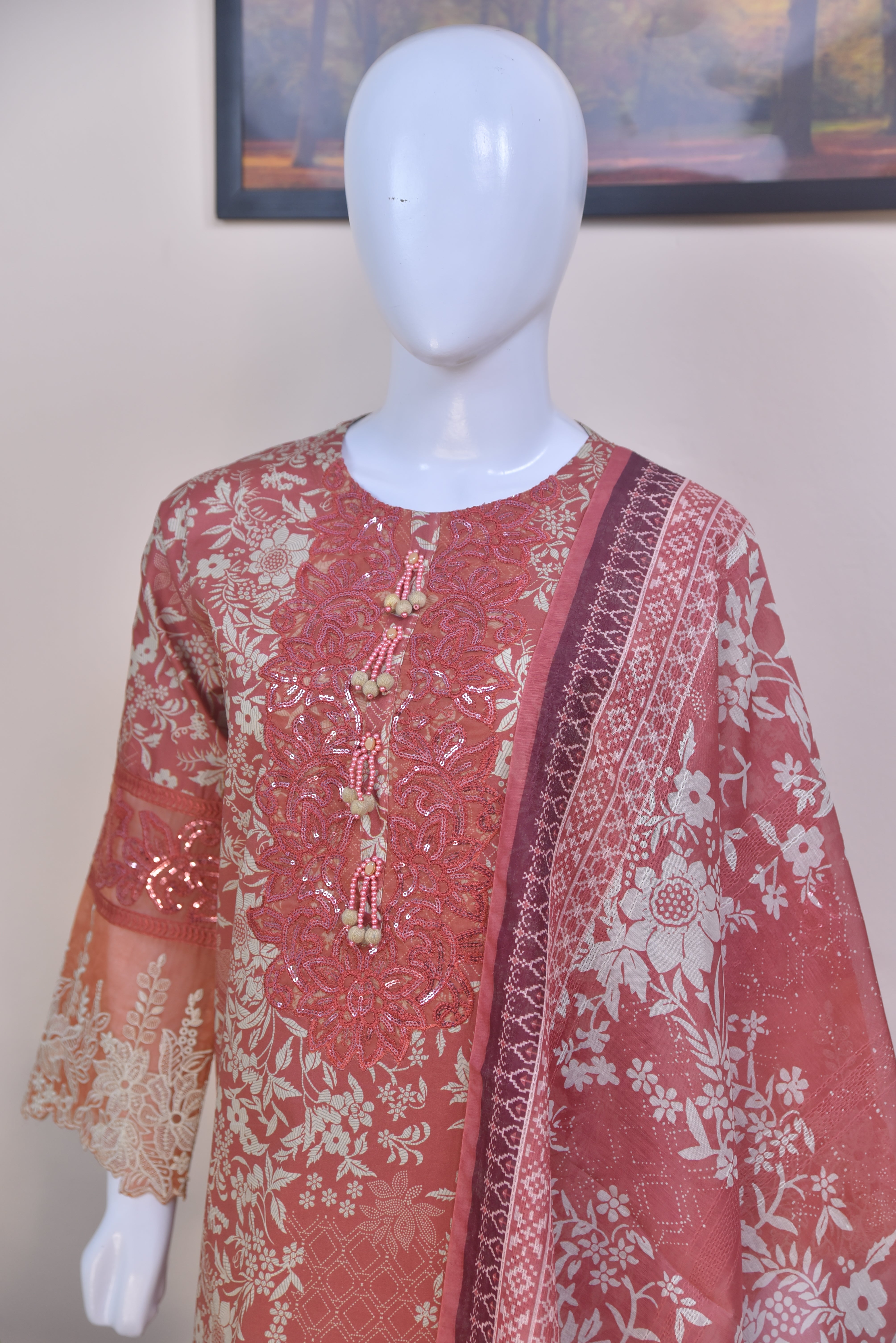 Luxury Embroidered Cotton 3-Piece Peach Suit